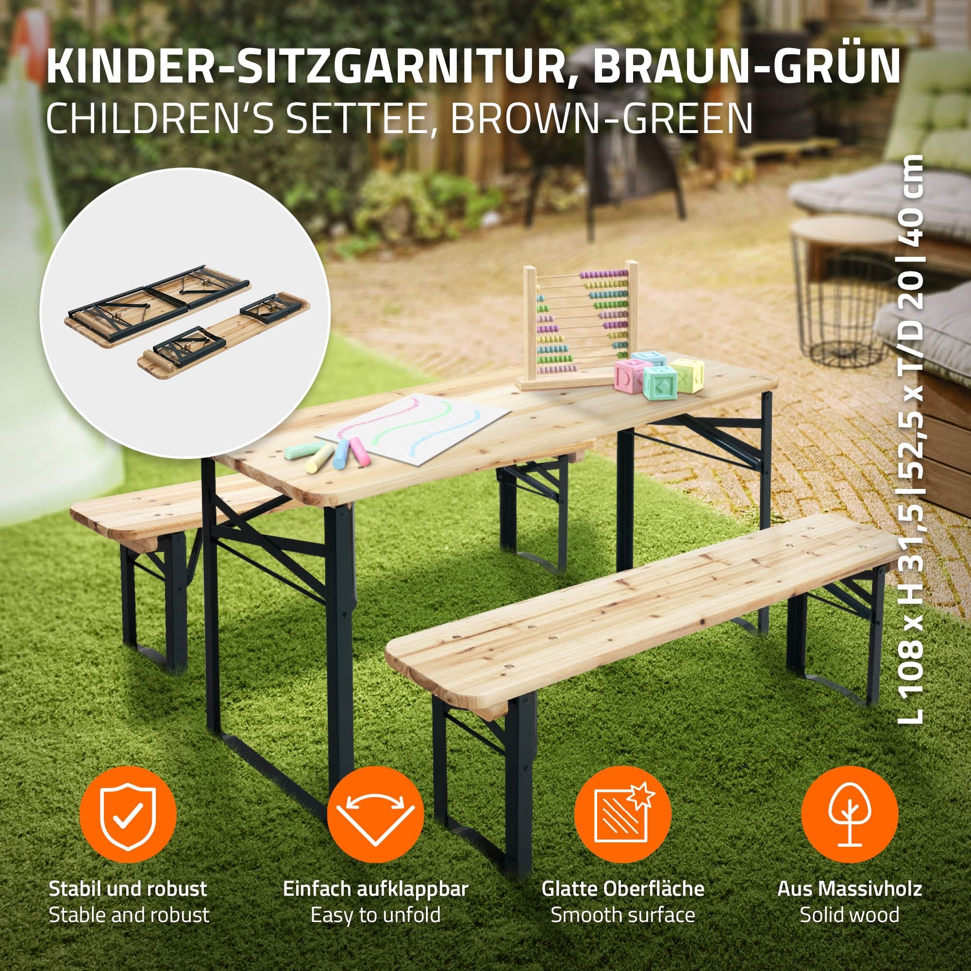 ML-Design Set da Picnic per Bambini 3 Pezzi Pieghevole Naturale/Verde Legno Massello e Metallo Set con Tavolo e 2 Panche per Esterno Arredo Giardino Tavolo da Festa per Bambini Gruppo Sedute da Picnic