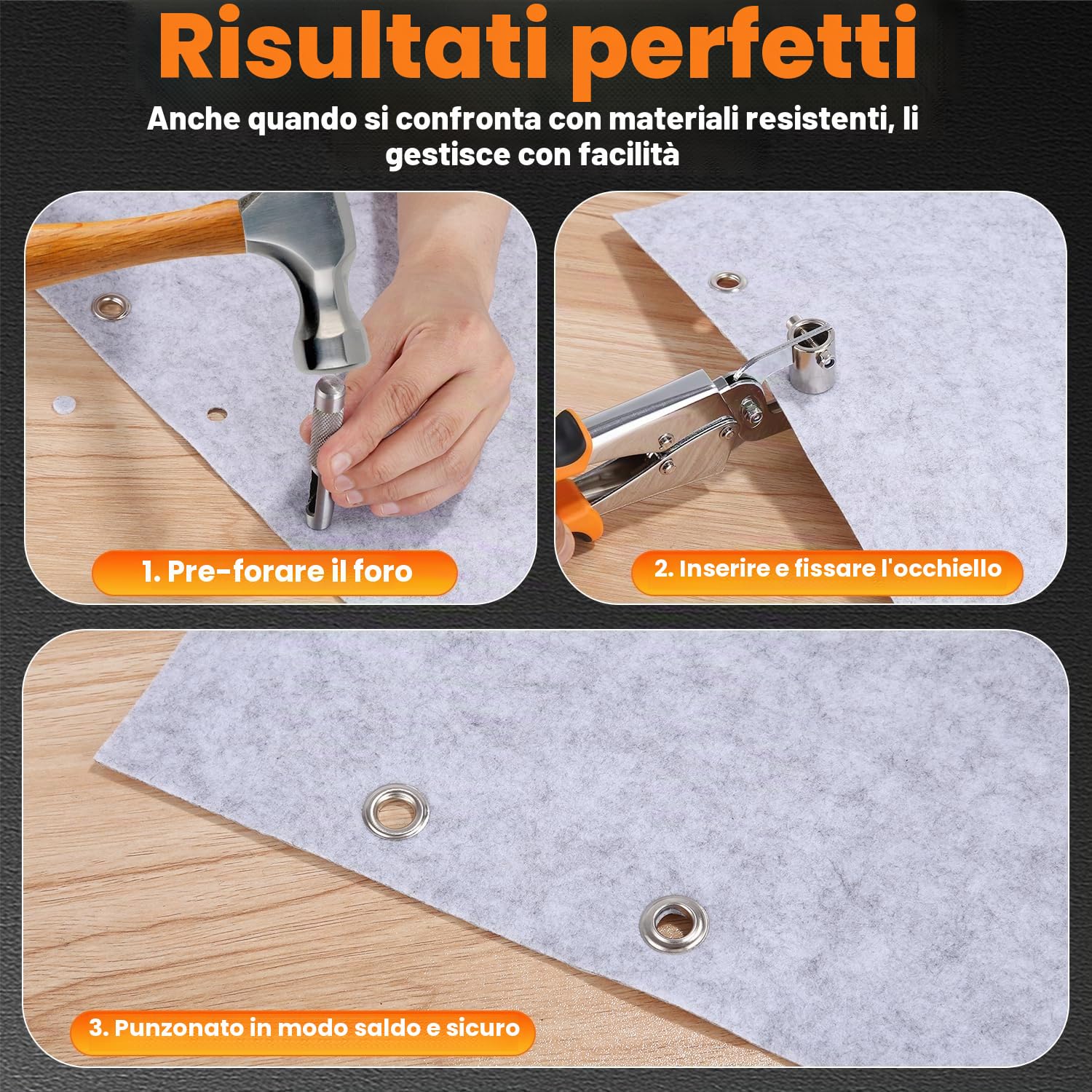 Pinze per Occhielli per Teloni e Tessuti,Set di Occhiellatrice per Teloni Professionali con 300 Occhielli (Ø 10 mm),Occhiellatrice Manuale con Magneti per Occhielli in Acciaio