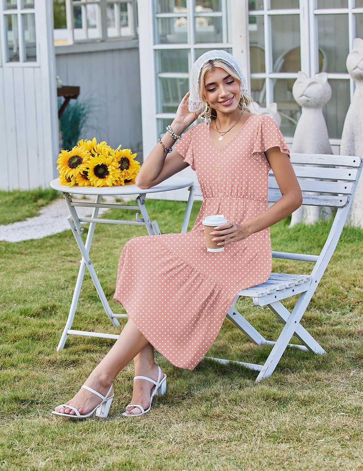 Zeagoo Women's Summer Casual Dress Flutter Short Sleeve V Neck Button Down Tiered Flowy Long Dress with Pockets image 3