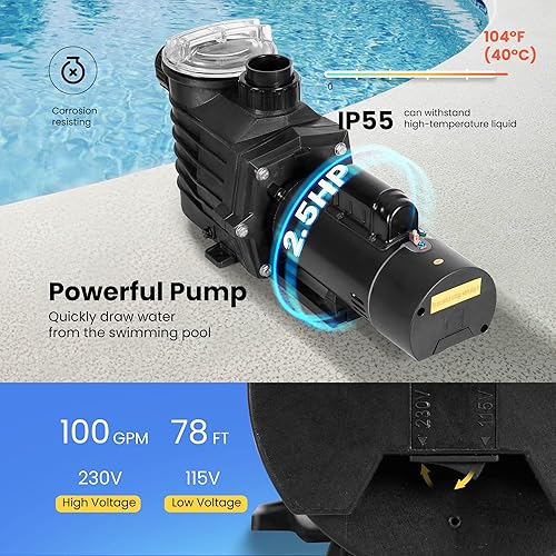 Miniatura 4 de VIVOHOME Bomba de piscina de doble voltaje de 2.5 HP, autocebado de alta elevación de 78 pies, ahorro de energía DOE, conectores de 1.5 y 2 pulgadas