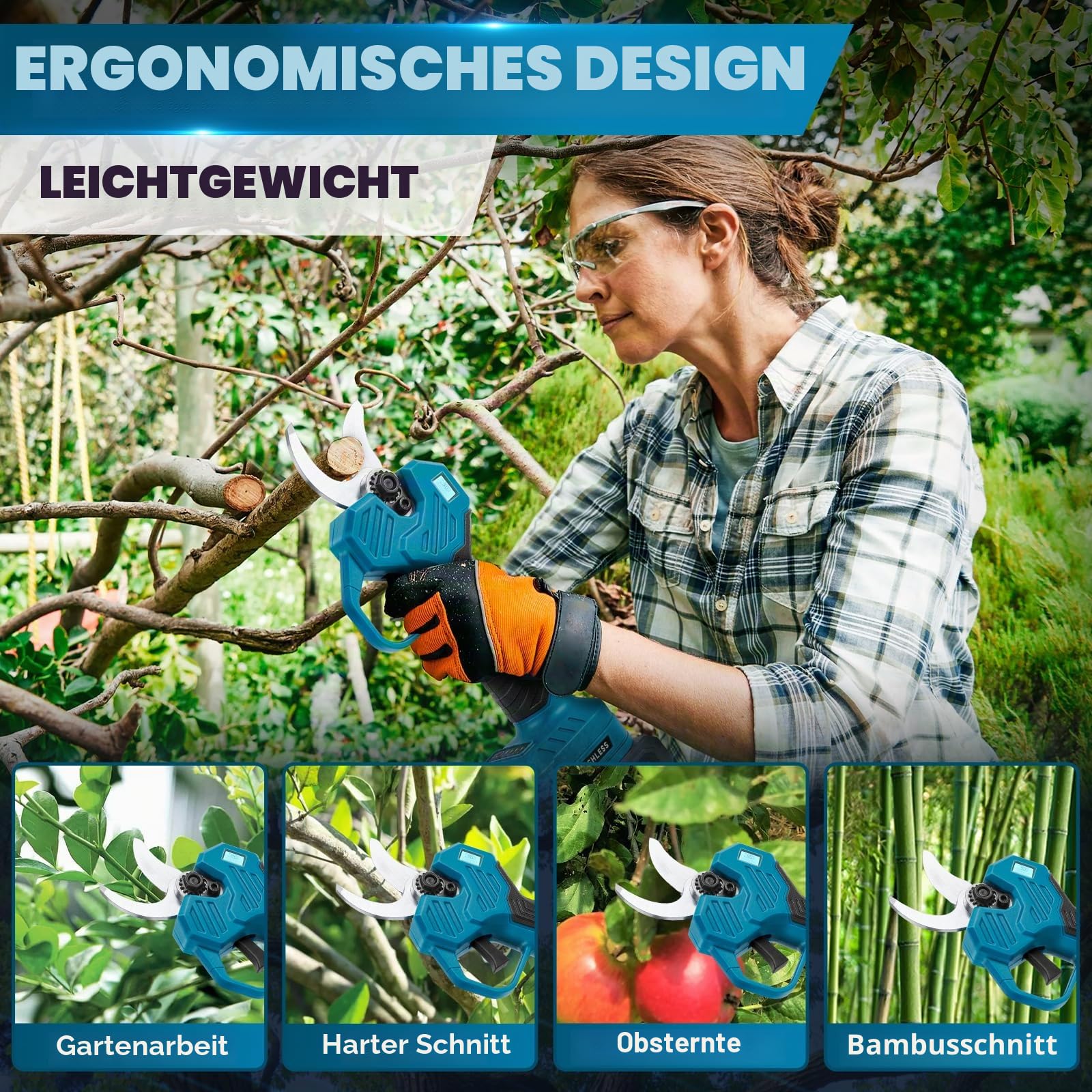 Astschere mit 8ft Verlängerungsstange+2x 2000mah Batterie, Max. Öffnung 57 mm, 40 mm Schnittdurchmesser, LCD Display Elektrische Gartenschere für Äste, Blumen