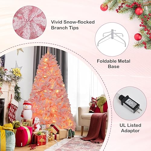 Miniatura 5 de Goplus Árbol de Navidad artificial preiluminado rosa de 6 pies, árbol de Navidad artificial con bisagras con 808 puntas de rama, 8 modos de