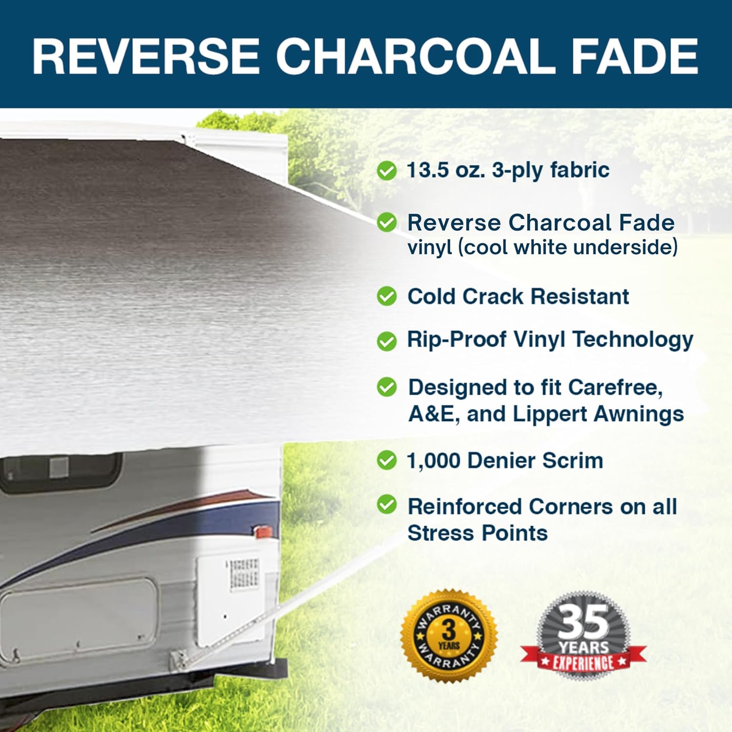 Shade Pro RV Awning Fabric Replacement | Durable Premium Grade Vinyl (16' [Fabric 15' 2"], Reverse Charcoal Fade) Camper Shade Awning Canopy