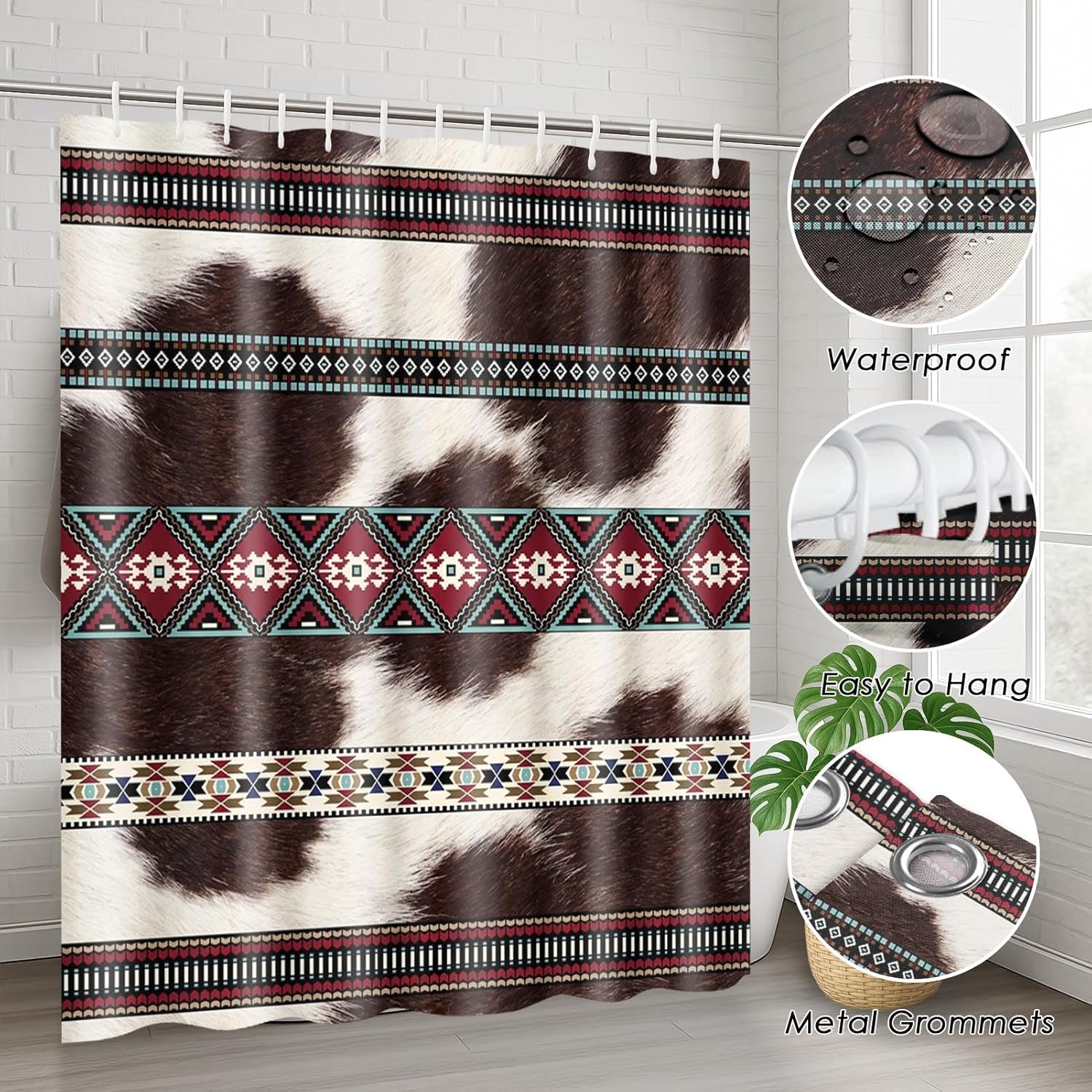 4 Piece Shower Curtain Set, Aztec Vintage Animal Waterproof Bathroom Set Accessories with Non-Slip Rugs, Toilet Lid Cover Bath Mat and 12 Hooks, Cowhide Cow Print Fur Home Decor 72" x 72"