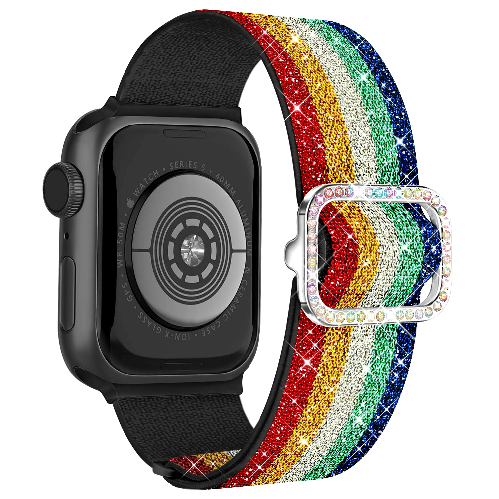 wipalor Bling Rainbow Band Fit Apple Watch Bands for Women 42mm 41mm 40mm 38mm, Stretchy Nylon Sport iWatch Bands for Pride Rainbow iPhone Watch