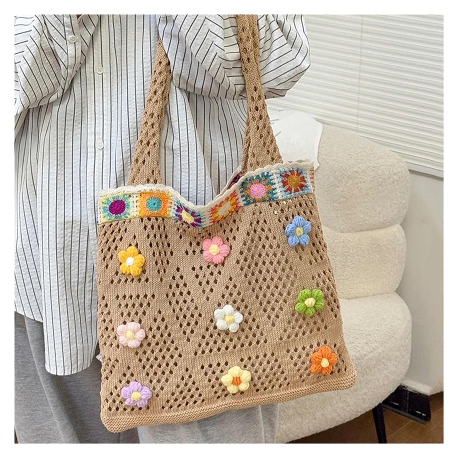 Bolso de Flores de Crochet Bolso de hombro tejido estilo étnico gran capacidad, bohemio, crochet, informal, con estampado floral