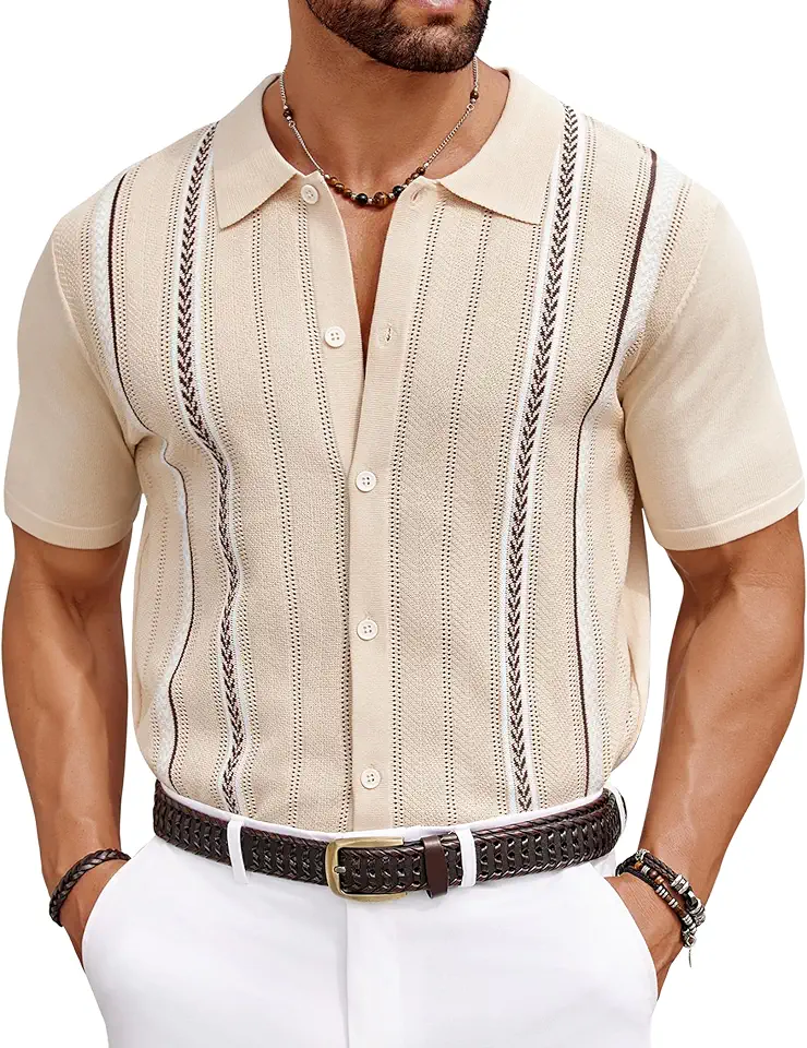 COOFANDY Knit Shirts for Men Casual Short Sleeve Button Down Shirts Summer Beach Stretch Fit Collared Shirts