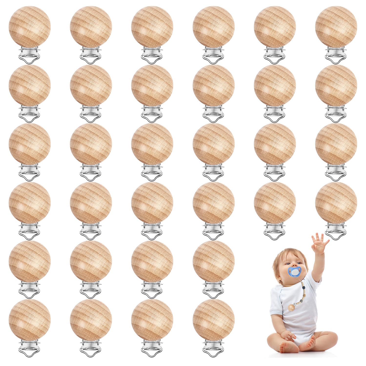 32 Pieces Natural Beech Wood Pacifier Clips Charm DIY Pacifier Holder Clips Teething Grasping Toy Suspender Clips for Pacifier Chain Accessory