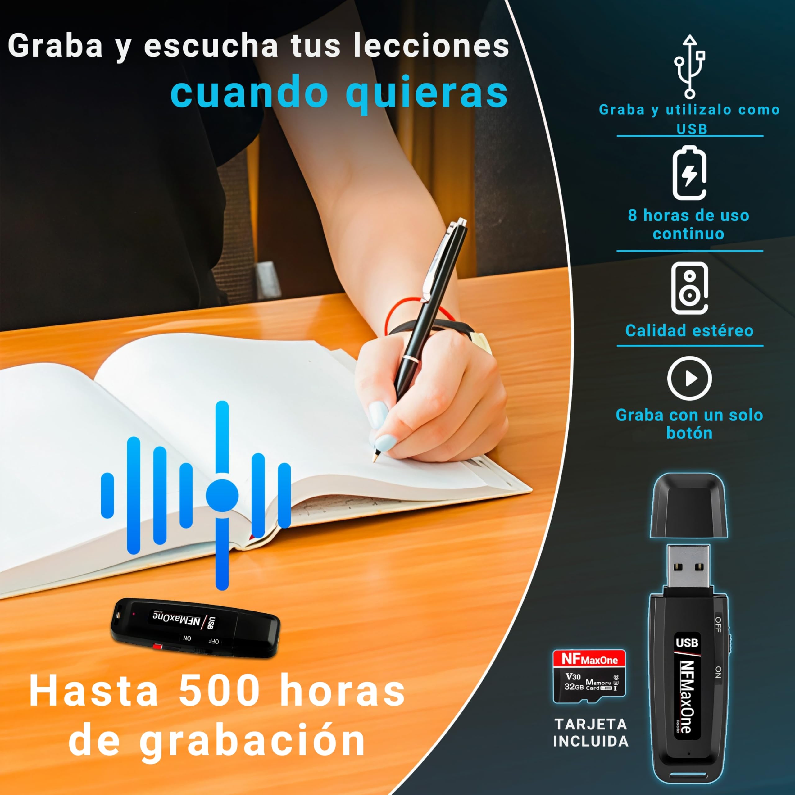 Grabadora de Voz Espia Digital con MicroSD de 32 GB incluida | Mini Grabadora de Audio Ideal para Reuniones, Entrevistas, Clases | Grabadora USB Espia Portatil con hasta 500 Horas Grabación NFMaxone
