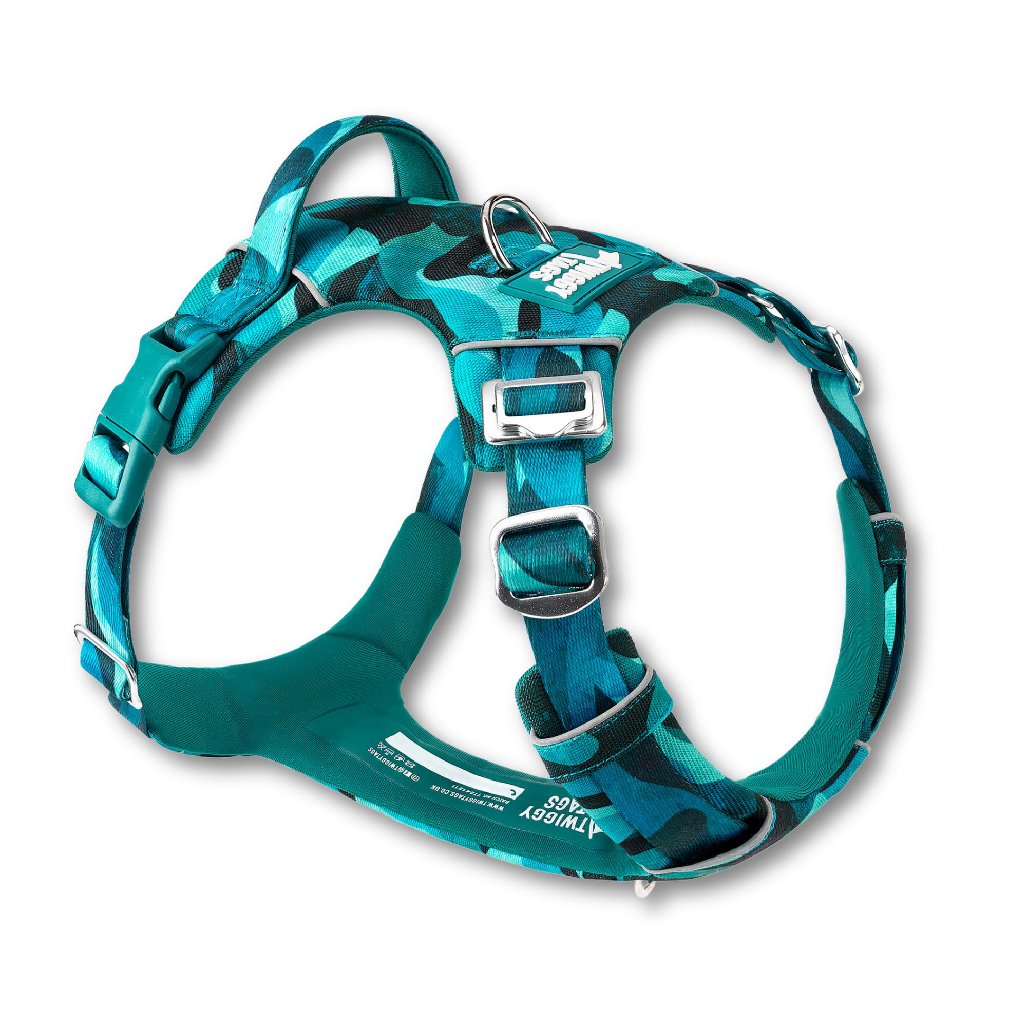Twiggy Tags Adventure 2.0 Harness | Adjustable, Reflective, Durable Dog Harness | Dual lead attachment | Stain & Water Repellent, Tough & Strong | All Dog Breeds |Teal Blue Lagoon | Size 6, XXL