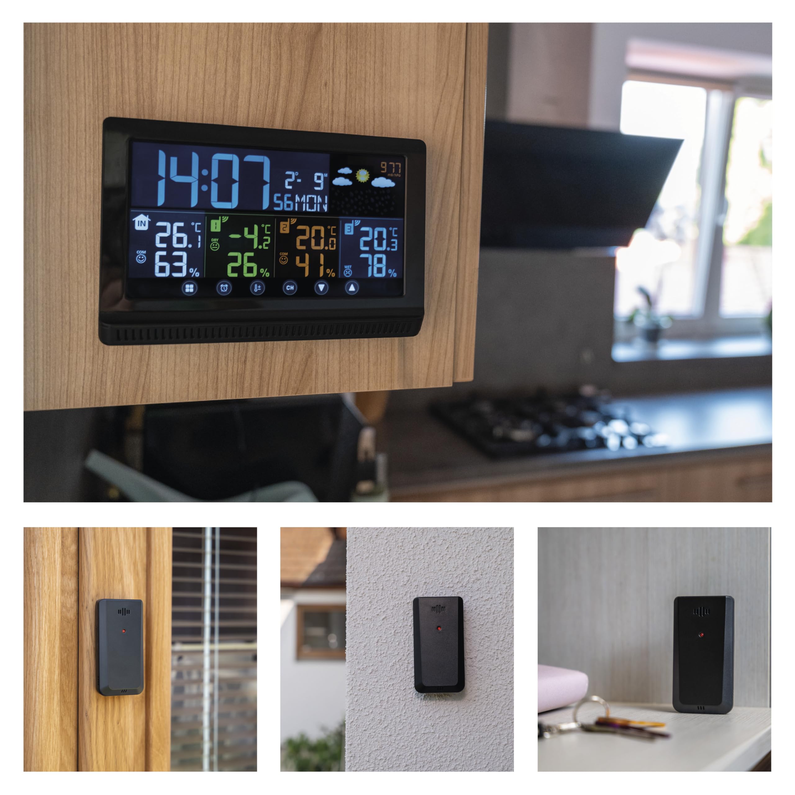 EMOS - Station météo sans fil avec 3 capteurs extérieurs et port USB - Thermomètre, hygromètre, baromètre, prévision, mémoire - Horloge radio-pilotée avec réveil, calendrier, affichage de confort