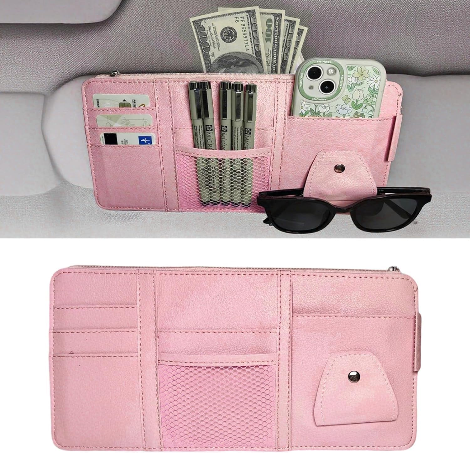 QIZUN Car Sun Visor Organiser for SEAT Exeo Saloon(3R2)(2008-2026), Auto Interior Pocket, Premium Faux Leather Sleeve, Slim Vehicle Document Holder,Pink