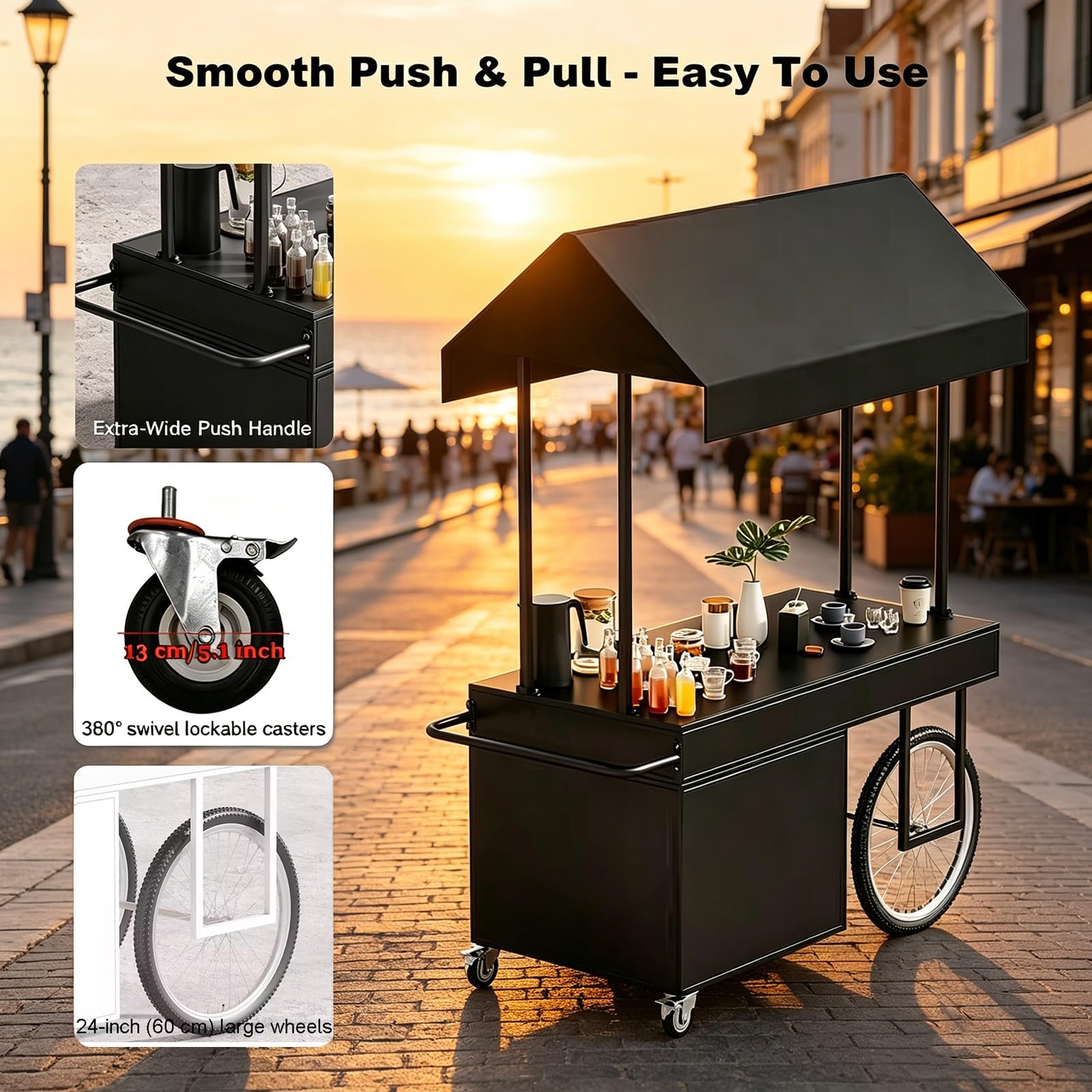 Gtzly Mobiler Lebensmittelverkaufswagen mit Verdeck, Tragbarer Blumenwagen, Eis- und Limonadenstand, Marktstand und Verkaufsstand für Hochzeiten und Märkte(White,55in/140cm)