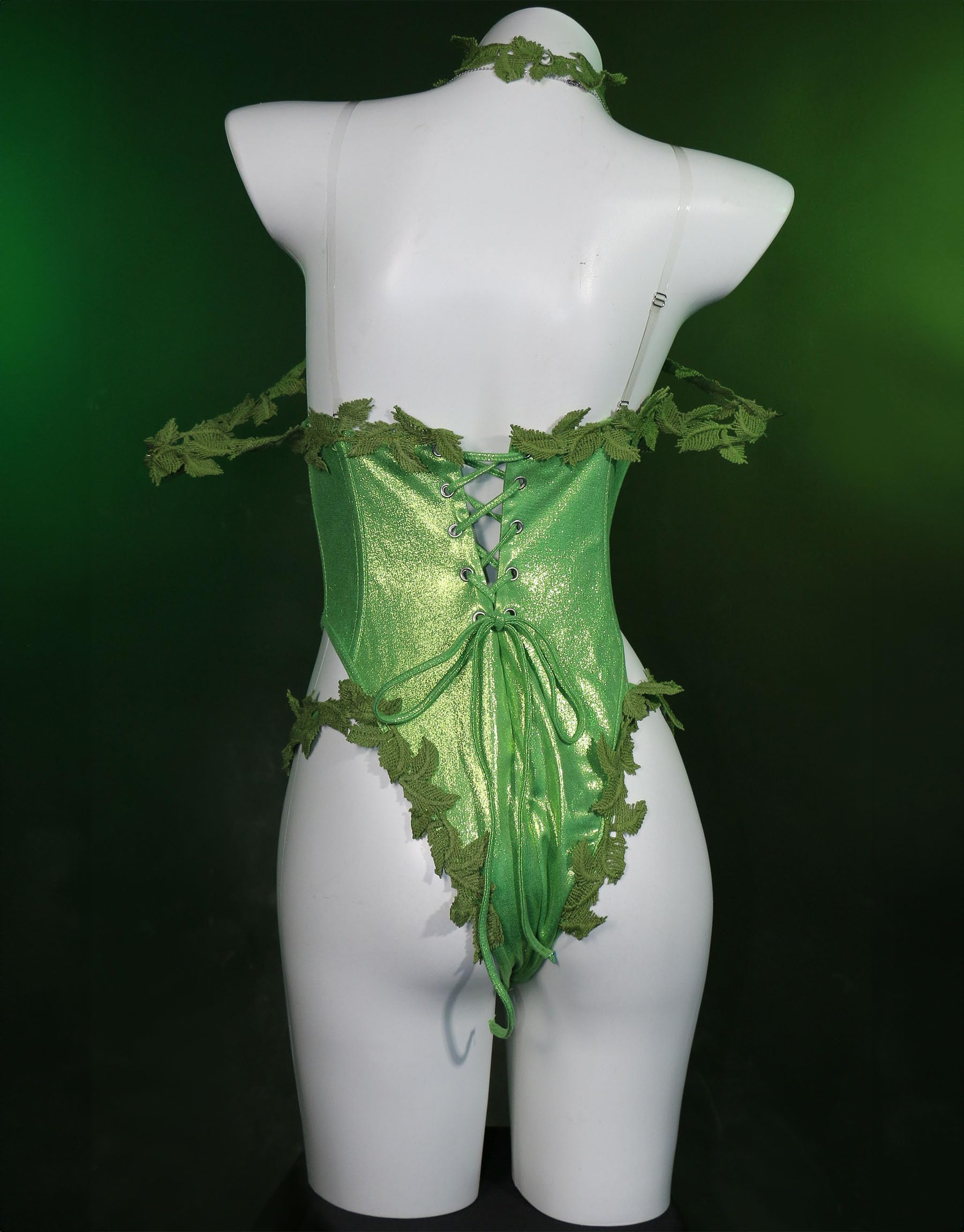 Mobbunny Women Anime Cosplay Costume Green Vine Style Outfit Sexy Lingerie Bodysuit Bodycon with Socks Gloves Choker