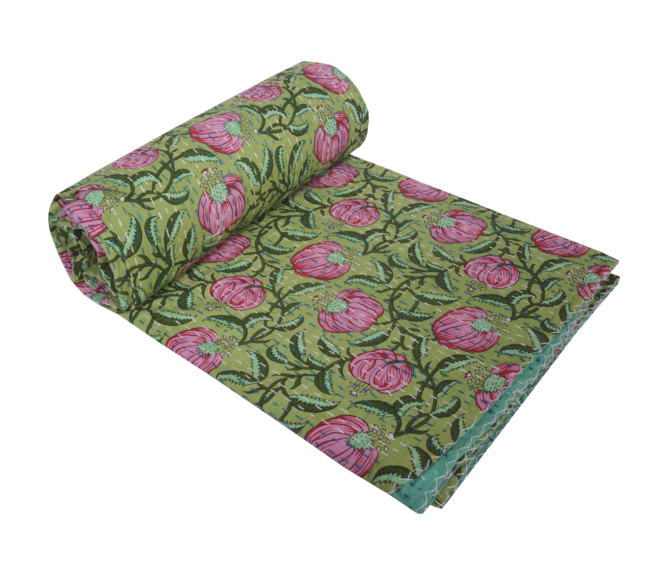 V Vedant Designs Indian Handmade Cotton Kantha Quilt, Floral Print Reversible beeding Kantha Coverlet (Twin)