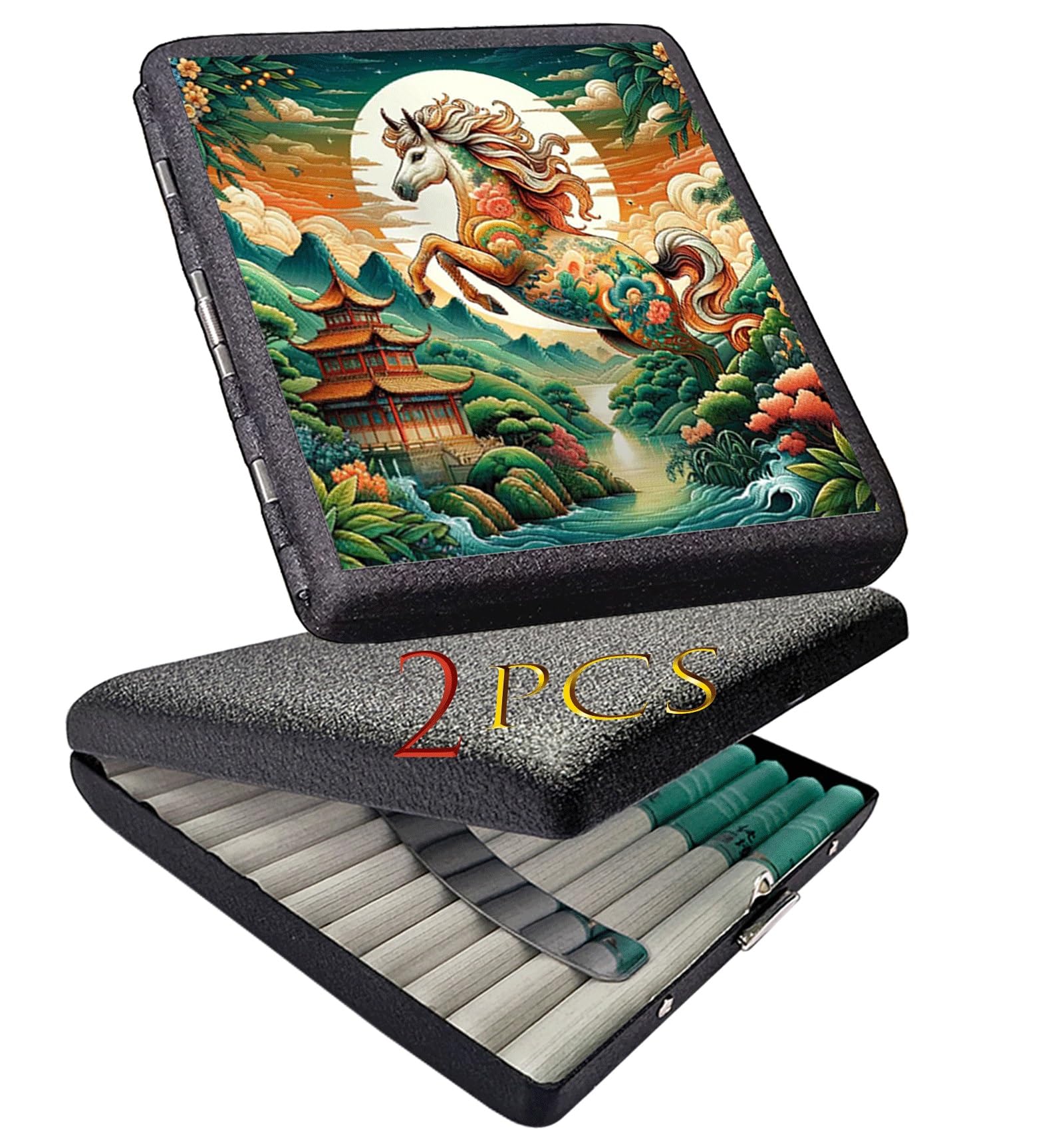 LEILEICAILI 2pcs Cigarette case, Capacity Can Hold 20 Sticks,Metal cigarette box Portable holder Crush-proof Wallets, Card Cases & Money Organisers(Black+Horse)