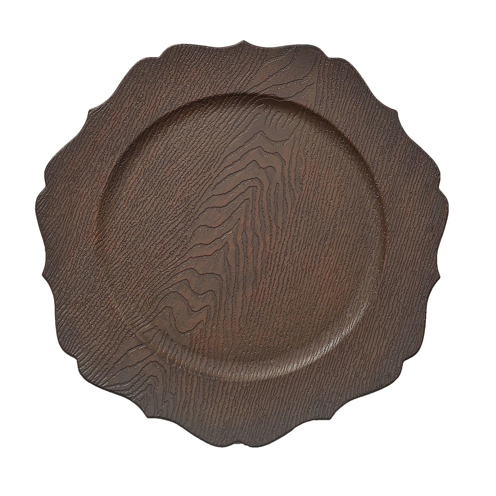 Balsa Circle 6 Rustic Brown 13 in Wooden Round Acrylic Charger Plates | 13-Inch Scalloped Trim Serving Dinnerware Set for Dinner Wedding Party Reception Catering Decorations