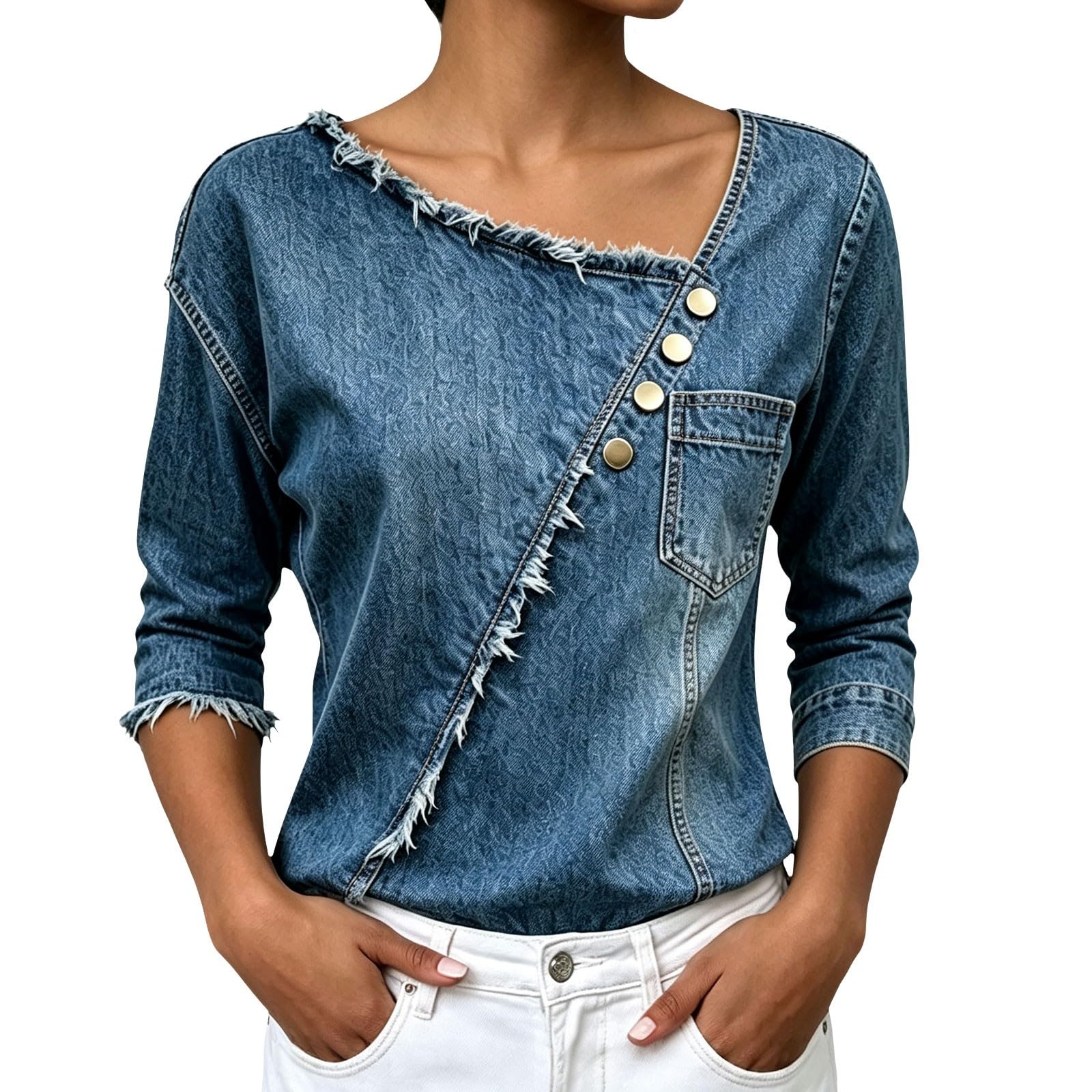 Generisch Camicia in jeans da donna, estiva, con maniche a 3/4 | Camicetta in denim con frange, elegante cambray, per il tempo libero, in tessuto denim, traspirante, vintage