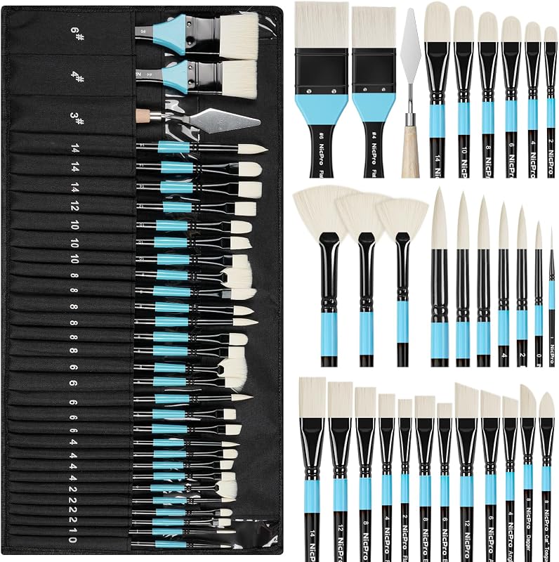 Nicpro Juego de 30 pinceles para pintura acrílica, óleo, acuarela, gouache