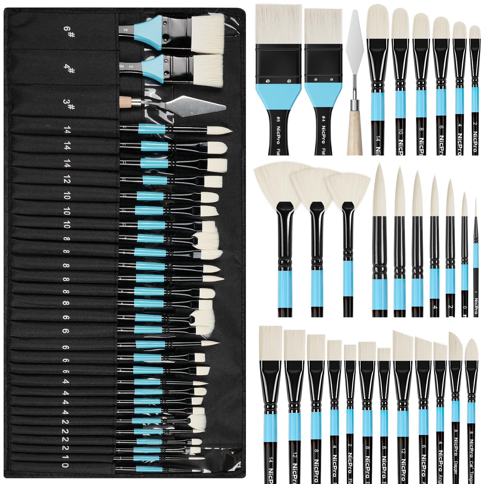 Nicpro 30pcs Paint Brush Set for Acrylic Painting, Oil, Watercolor, Gouache | 10 Shapes No Shedding Firm Synthetic Bristles with Palette Knife & Canvas Roll, Professional Painting Supplies for Artists — image 1