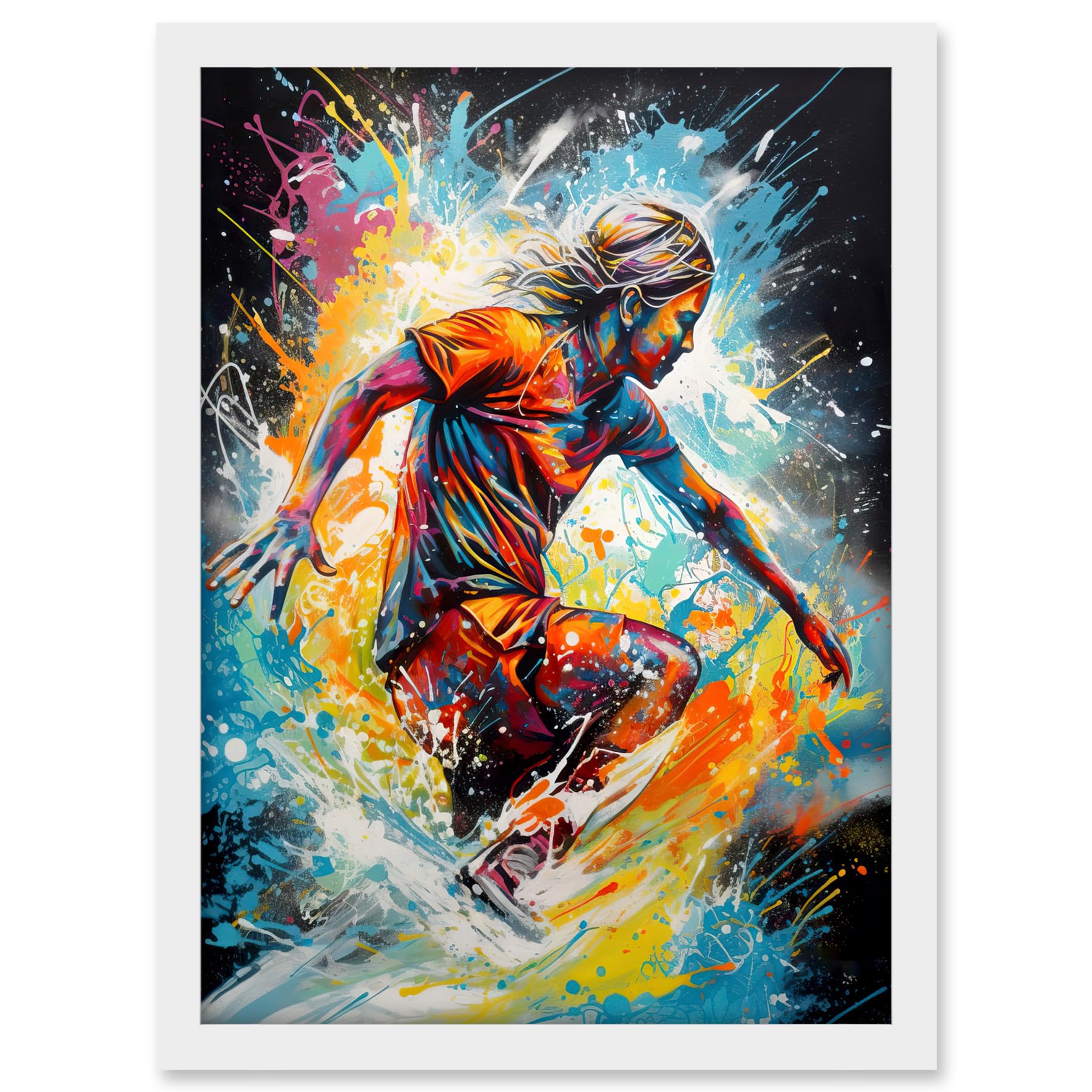 Artery8 Surfer Surfing on Splatter Paint Crashing Waves Artwork Framed A3 Wall Art Print