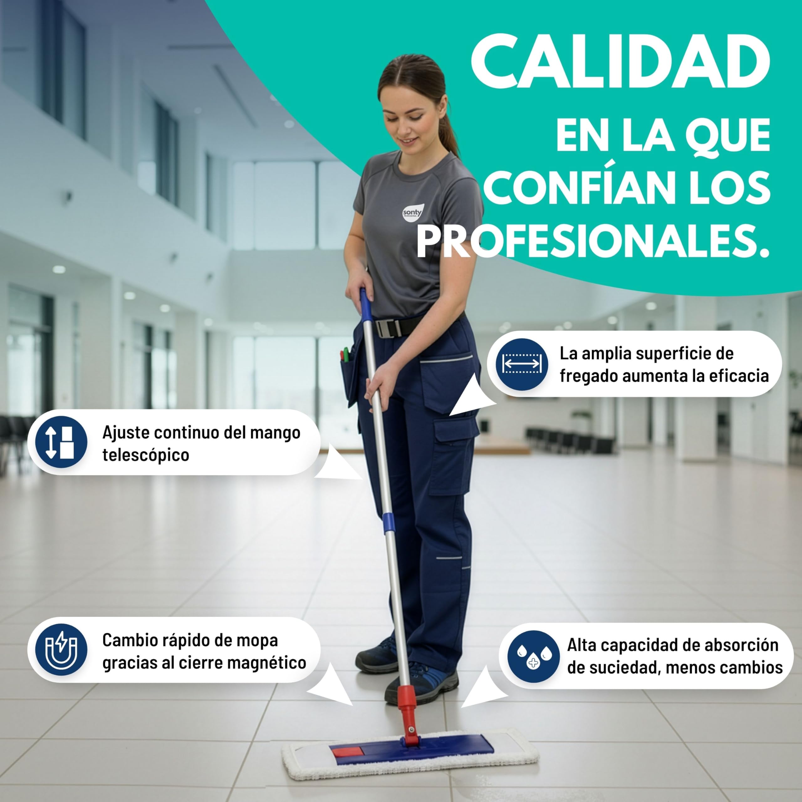 SONTY Mopa Profesional 50 cm – Fregona Plana con Soporte magnético, paño Microfibra 50 cm & Mango telescópico de Aluminio – para Limpieza Profesional, hostelería & Suelos Duros
