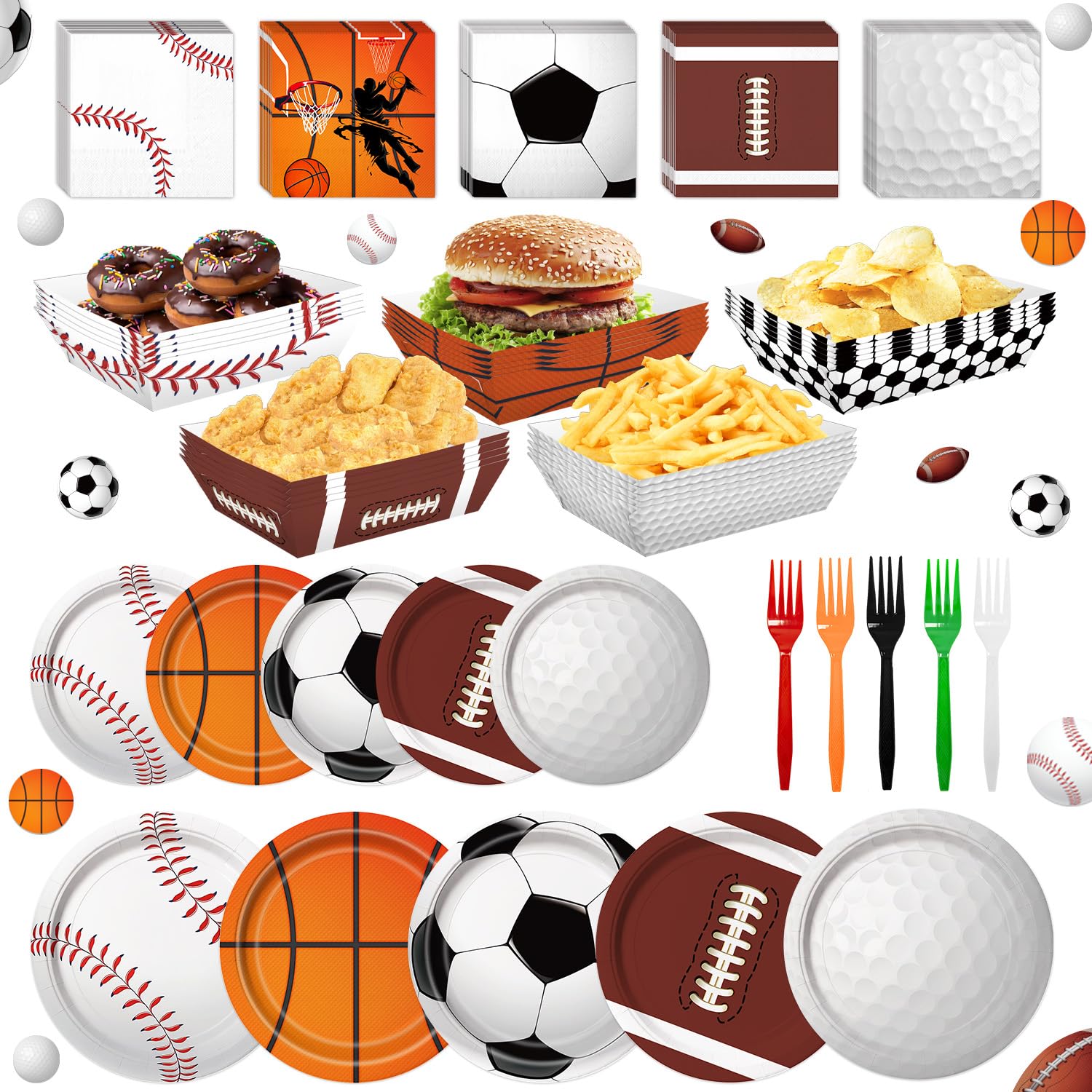 100PCS Sports Birthday Party Decorations Supplies Basketball Football Soccer Baseball Rugby Plates and Napkins Set, Forks Paper Food Trays Food