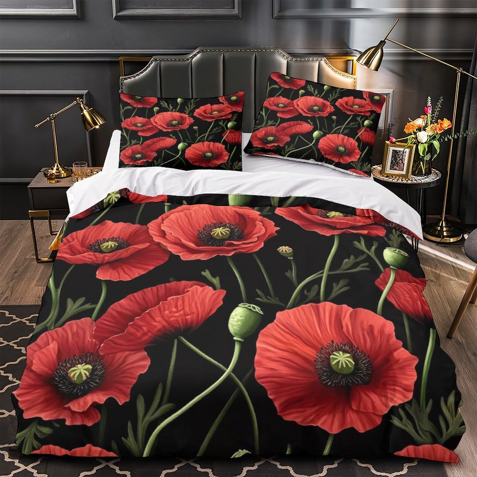 Ensemble de literie 3D pavot rouge en microfibre douce avec housse de couette et taies d'oreiller