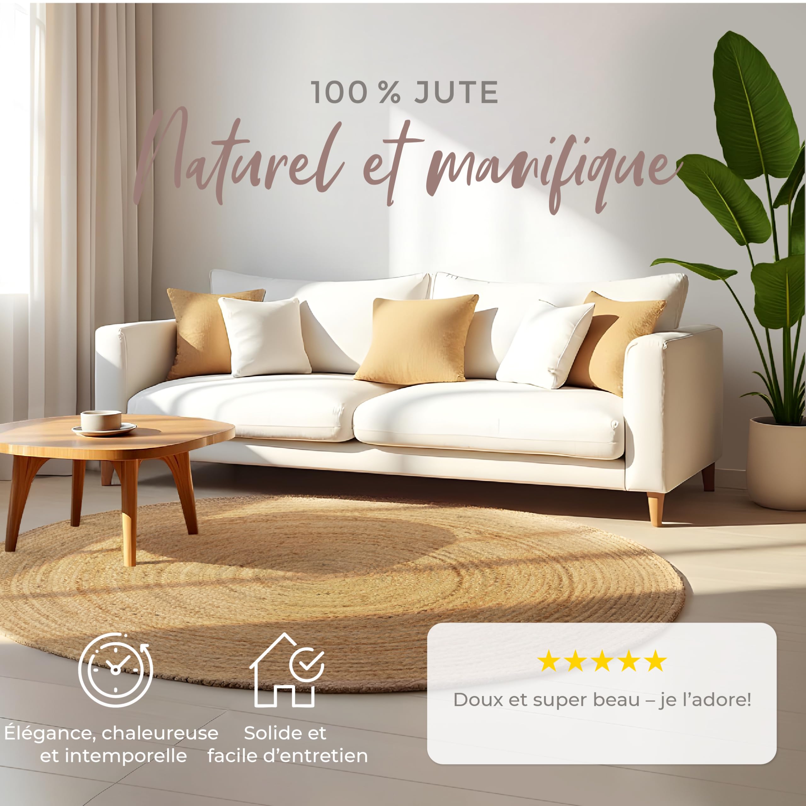 carpetfine Tapis de Jute Nele Ronde Beige Ø 60 cm | Tapis Moderne pour Le Salon et la Chambre à Coucher
