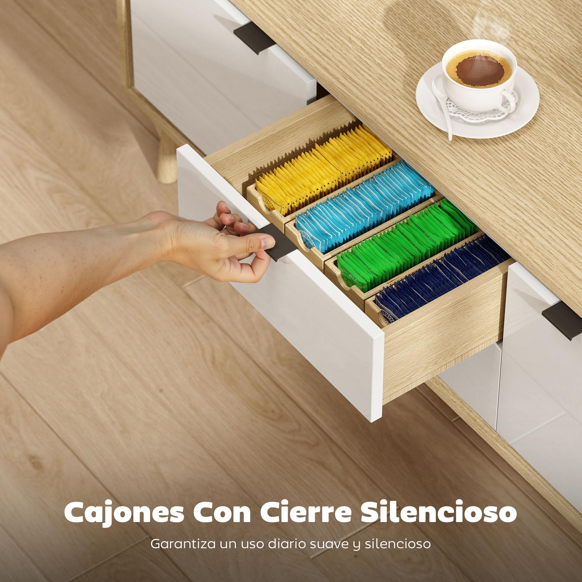 HOMCOM Mueble de TV Moderno de 2 Puertas 120x35x50 cm Blanco Brillo y Roble | Mesa TV para Salón con 2 Cajones, Orificios Pasacables, Estantes Extraíbles y Ajustables, para Televisión 55 Pulgadas