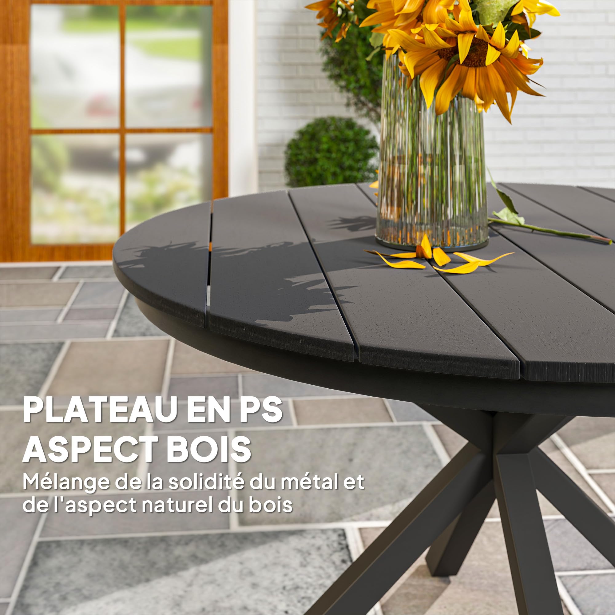Outsunny Table à Manger de Jardin Ronde Ø 118 cm Aluminium Plateau Effet Bois Patins réglables Noir