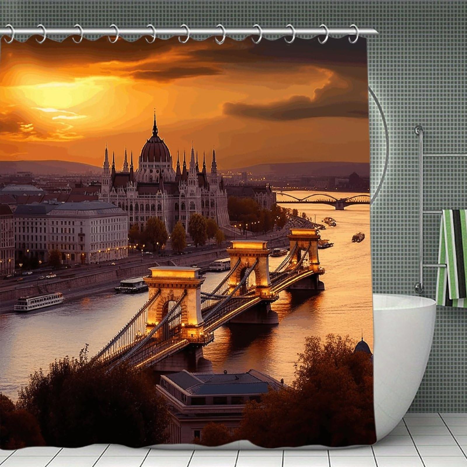VstaDank Sunset in Budapest Bath Curtain Elegant Heavy Duty Shower Curtains 70x70 in Rustic Farmhouse Cloth Shower Curtains Neutral Modern Bath Curtain for Bathroom