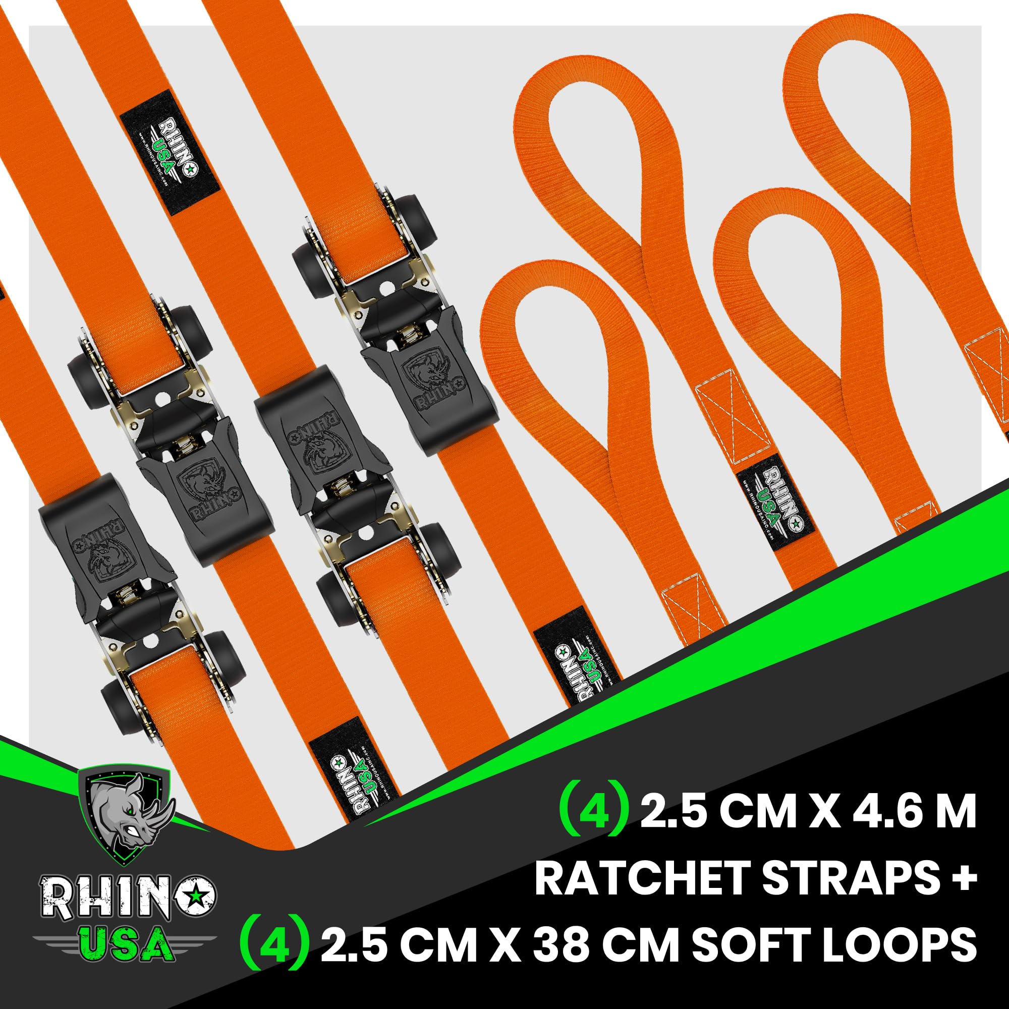 Rhino USA Ratchet Straps Tie Downs (4-Pack), 2.5cm x 4.6m (800kg Break Strength) - Image 4