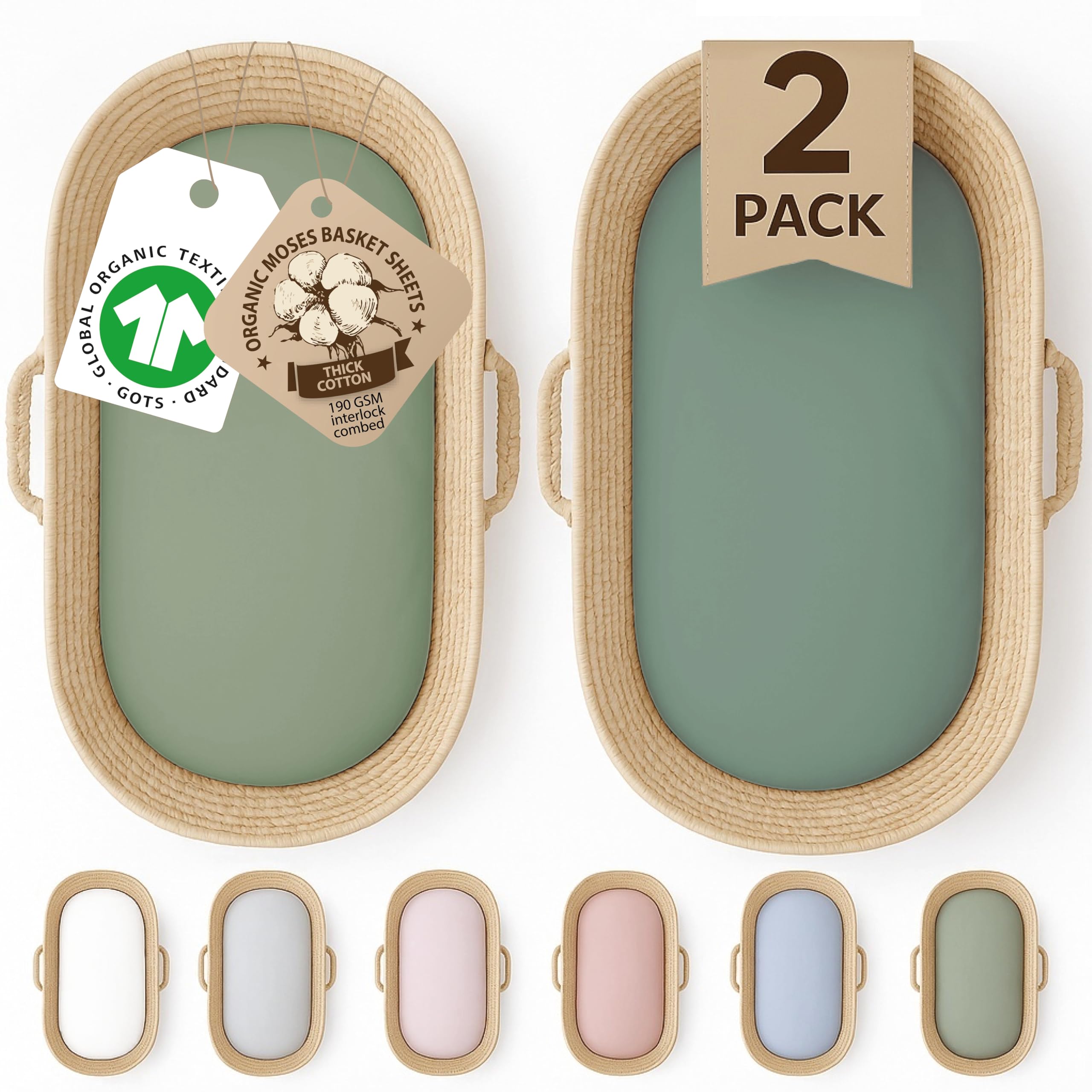 Bunnyjik 28x74-30x70 Ovale Spannbettlaken – GOTS-ZERTIFIZIERTES Bio Set aus 2 – 100% Baumwolle, Luxuriös 190GSM Dick & Ultraweich – Stubenwagen Bezug, Moseskorb, Babybett, Beistellbett