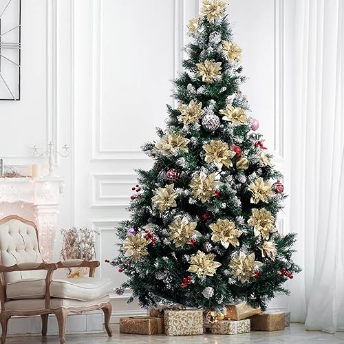 Miniatura 24 de Flores de Pascua de Navidad, 12 flores de Pascua artificiales, adornos dorados para árbol de Navidad con tallos y clips para coronas de Navidad