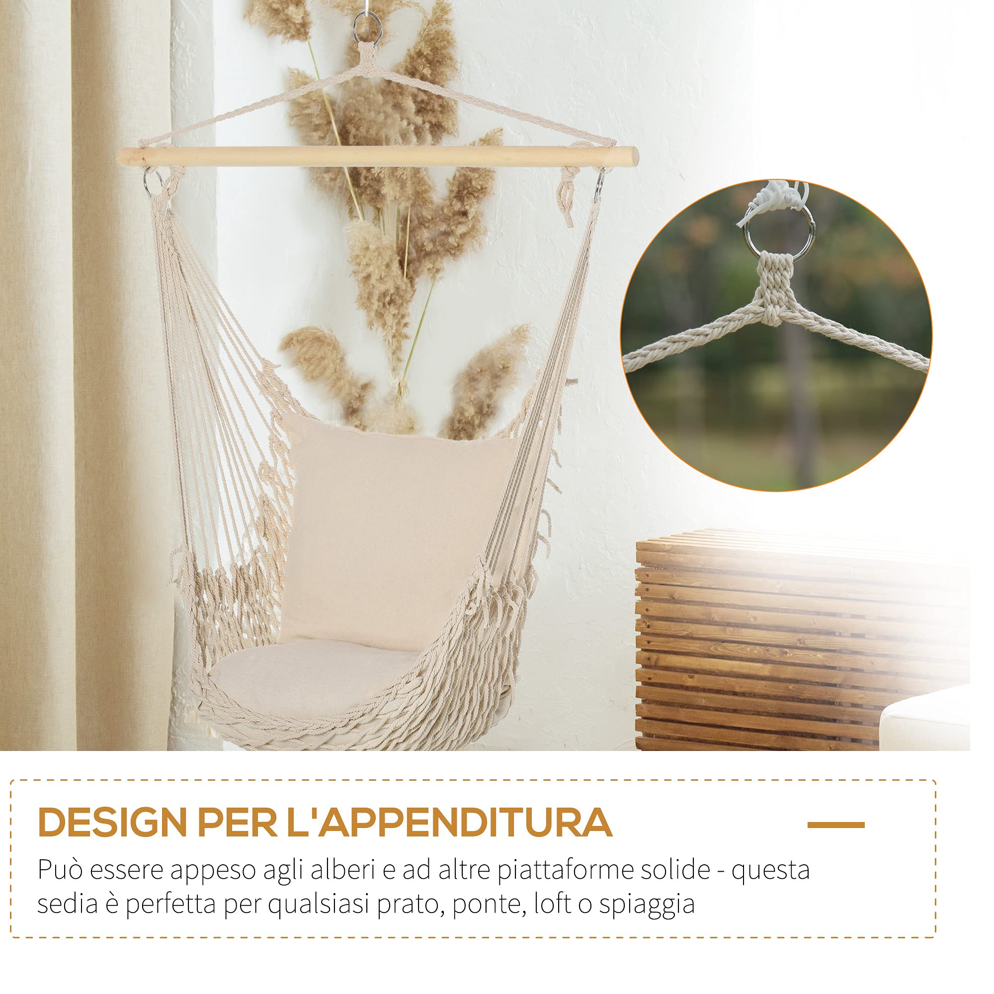 Outsunny Poltrona Sospesa da giardino in Coeda, Sedia a Dondolo Sospesa in Stile Shabby Chic, Amaca per Interni ed Esterni, Bianca 120L x 90Pcm