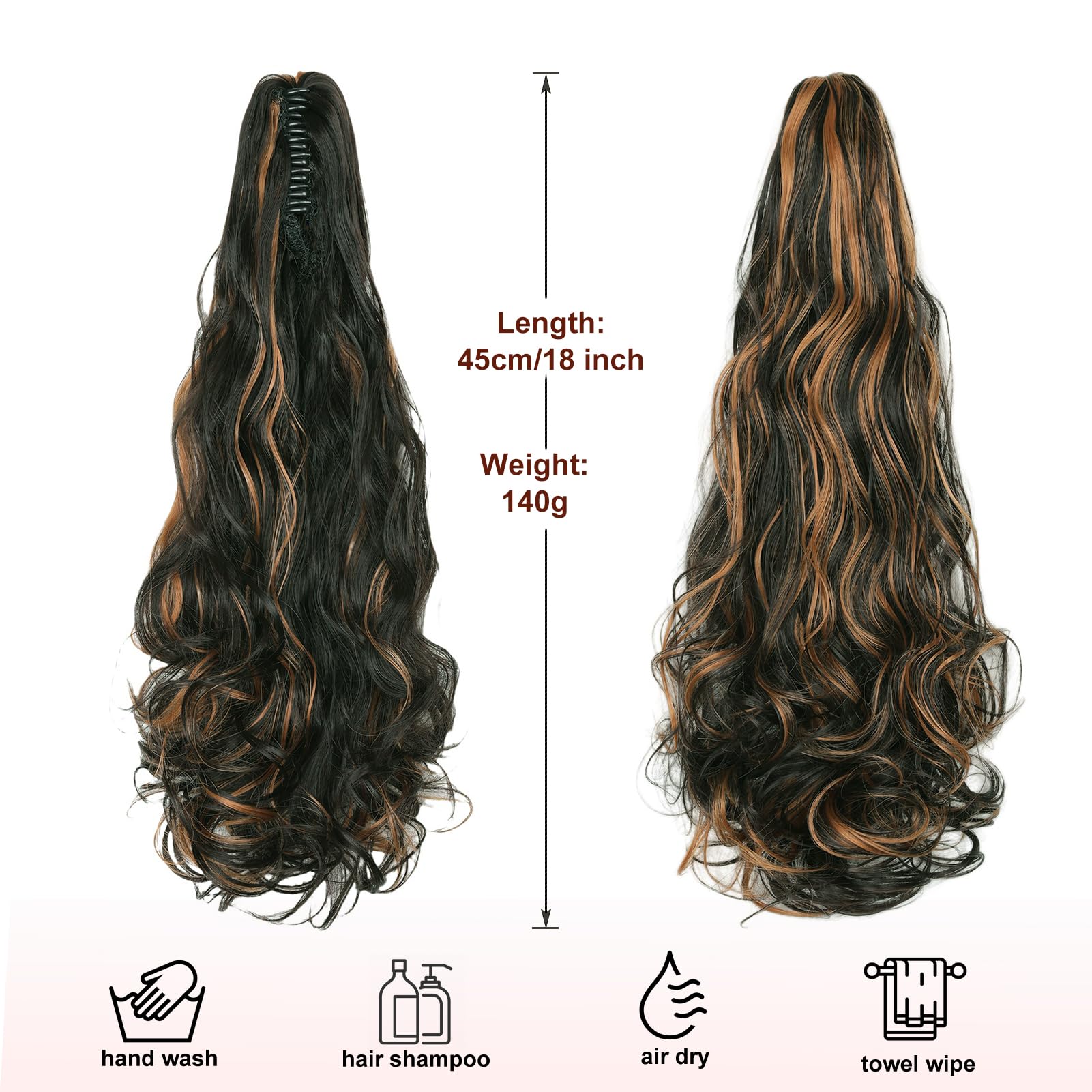 Dcbaboo Ponytail Extension Curly 18inch Claw Clip in Ponytail Hair Extensions Long Wavy Synthetic Pony tails Natural Wave One Piece Hairpiece Fake Ponytail for Women Dark Brown & Auburn - Image 3