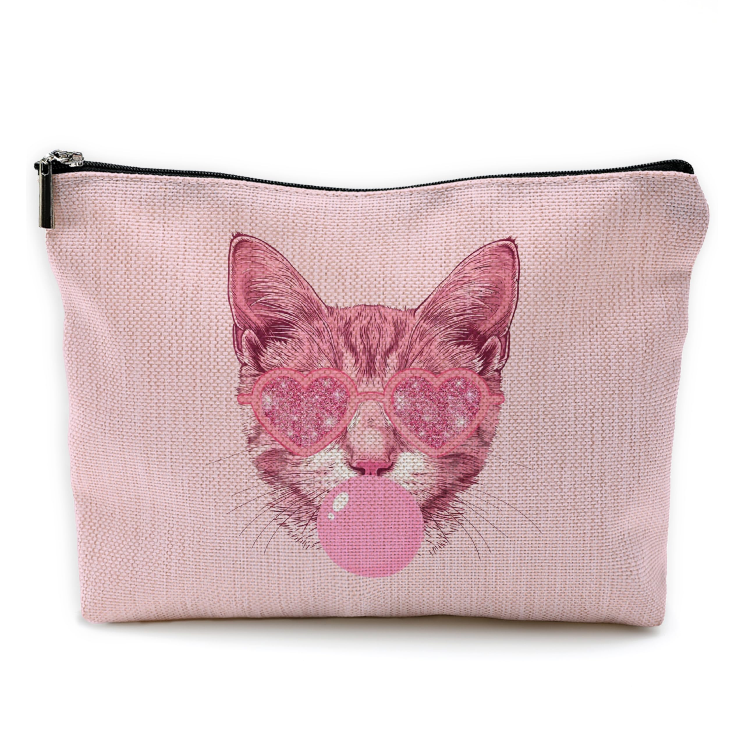 Yomisex Preppy Pink Cat Makeup Bag Cosmetic Bag Pencil Bag, Cat Gifts for Women,Funky Trendy Bubblegum Cosmetic Bags Toiletry Bag for Women Makeup