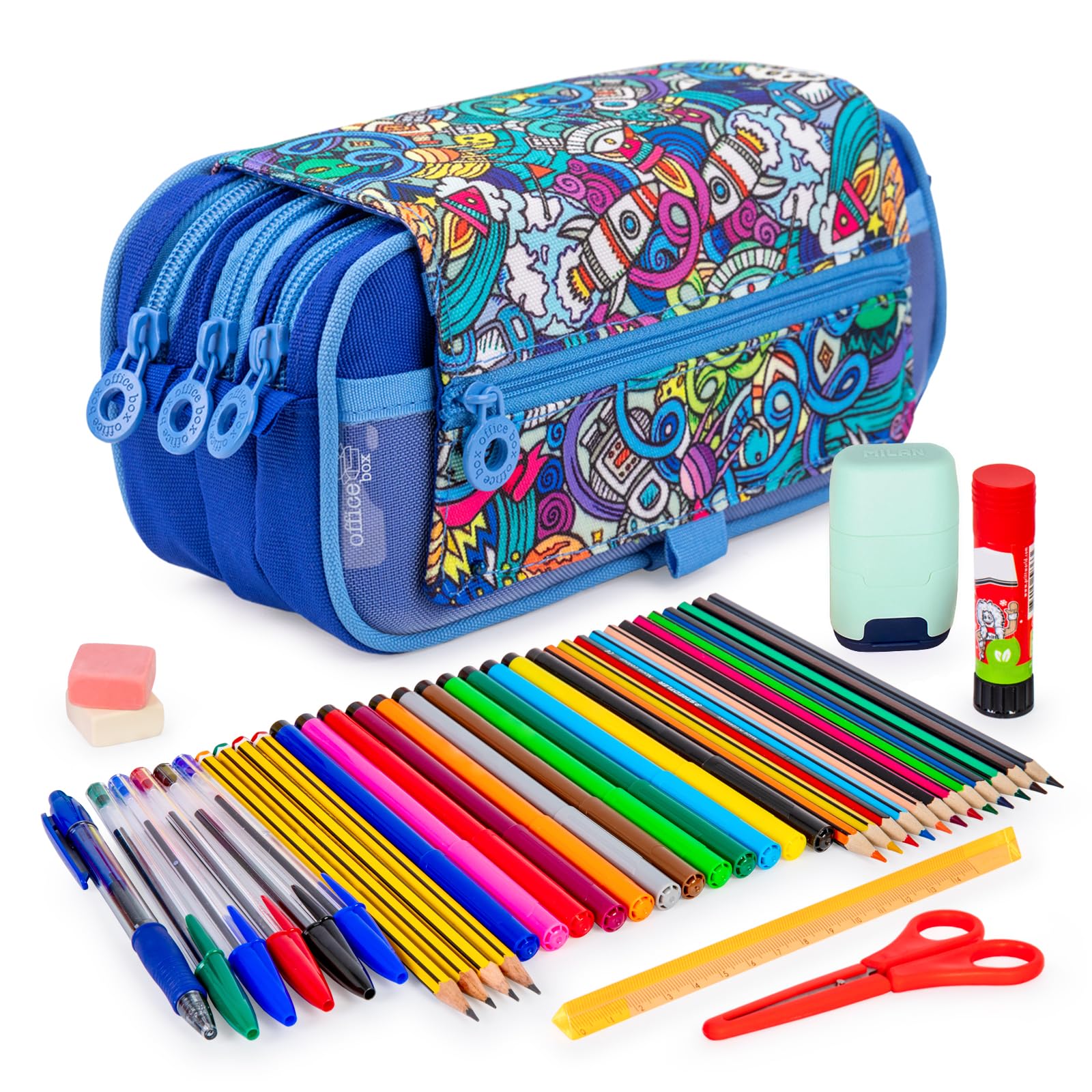 ColePack Design - Lote de Estuche Portatodo Triple con 3 Cremalleras y Material Escolar de Primeras Marcas Incluido (Space)