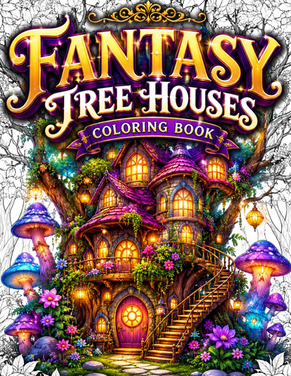 Fantasy Tree Houses Coloring Book: 50 Magical Treehouse Villages, Enchanted Forest Homes, Cozy Woodland Retreats, Fairy-Tale Cottages, Mushroom ... Relaxation, Stress Relief and Creative Escape
