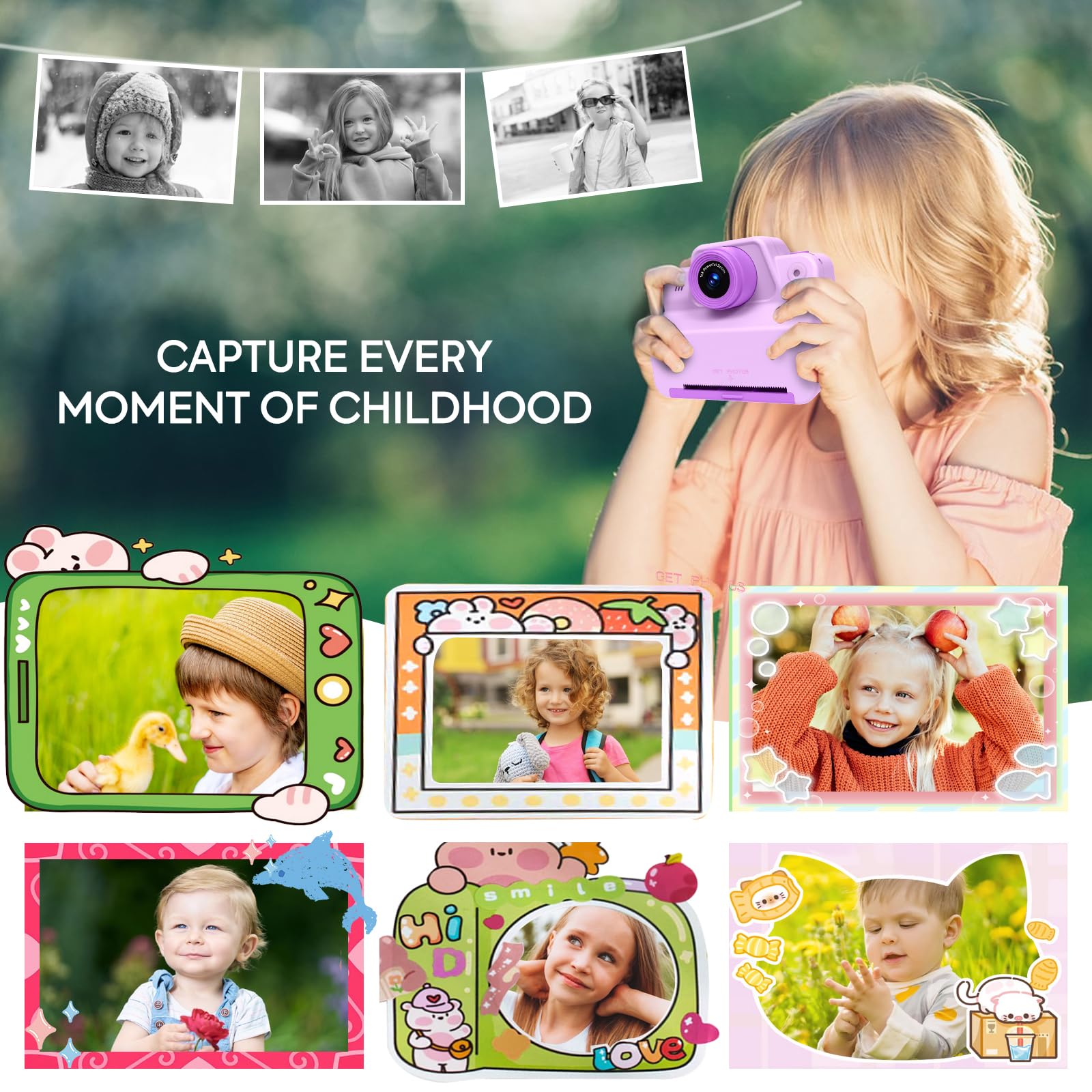 Kinder Kamera, Sofortbildkamera 2,4 Zoll Digitalkamera Kinder Fotoapparat mit Druckpapier, Geschenke für Mädchen Jungen 3-12 Jahre, VideoKamera Fotokamera Sofortbilder Weihnachten Spielzeug (Lila)