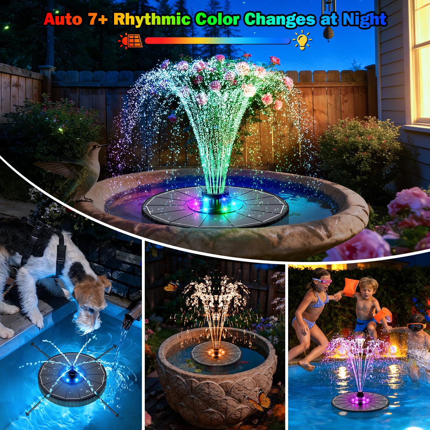 SZMP Solar Fountain Colorful LED, 3-Level Water Spray Height Adjustment, Rotating Rods Glass Bird Bath Fountains, 2000mAh Battery, 7 Nozzles Floating Solar Water Fountain for Garden, Pool (Black) - 2