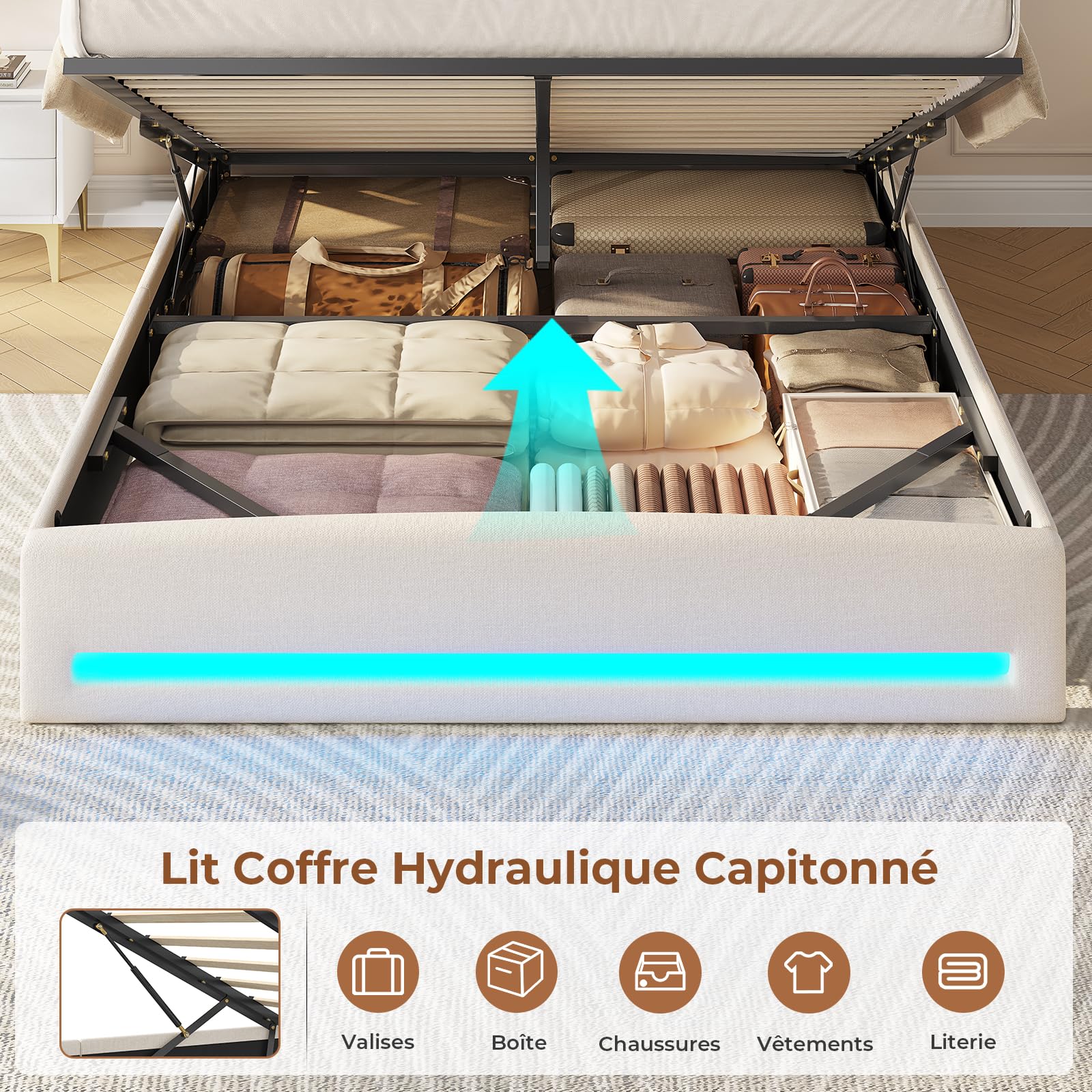 AOGLLATI Lit Coffre 140×190 avec LED et Ports USB,Tête de Lit capitonné avec Étagères Ouvertes et Rangement Caché, lit 2 Personnes avec Hydraulique, Sommier à Lattes, Lin Beige (sans Matelas)