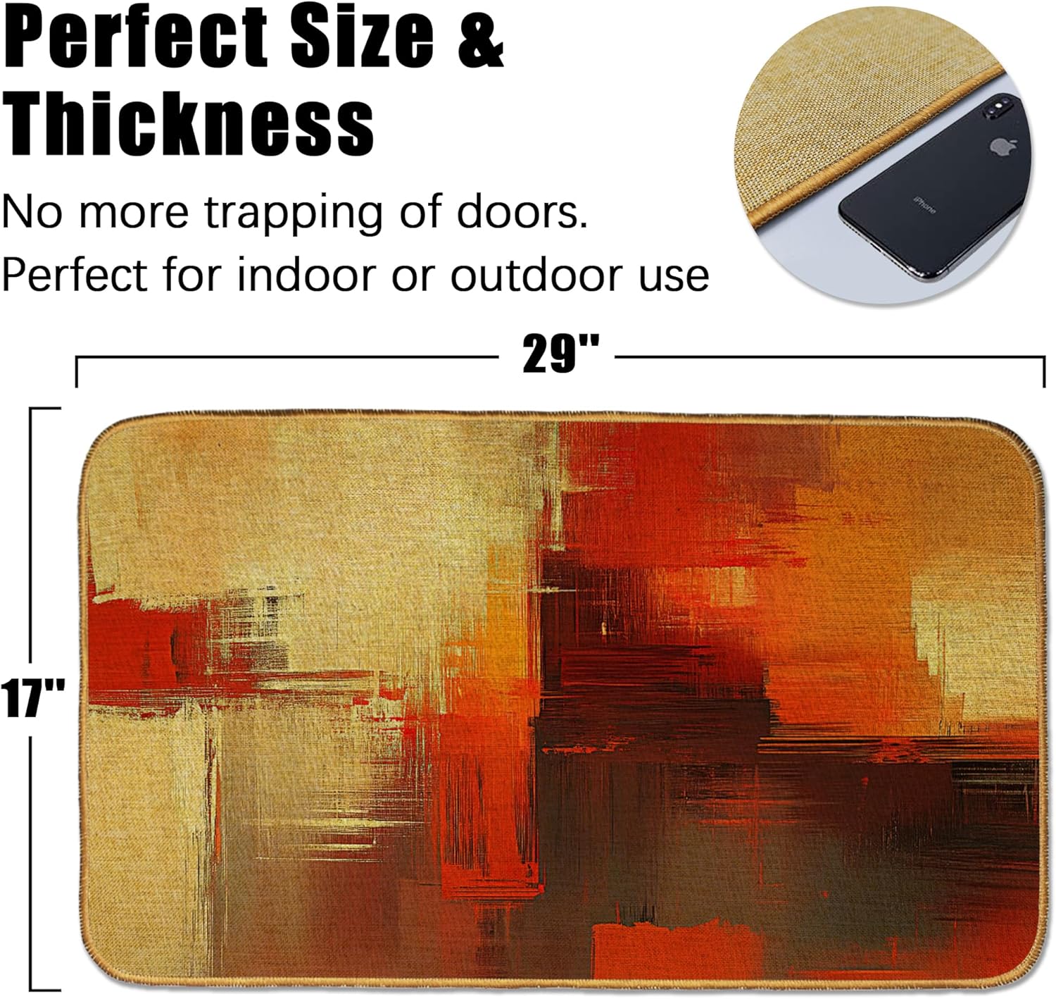 Abstract Art Door Mat 17"x29",Golden Orange Gray Doormat Indoor Entrance,Non Slip Rubber Front Door Mats Washable Absorbent Inside Outside Low-Profile Home Entryway Rug Outdoor