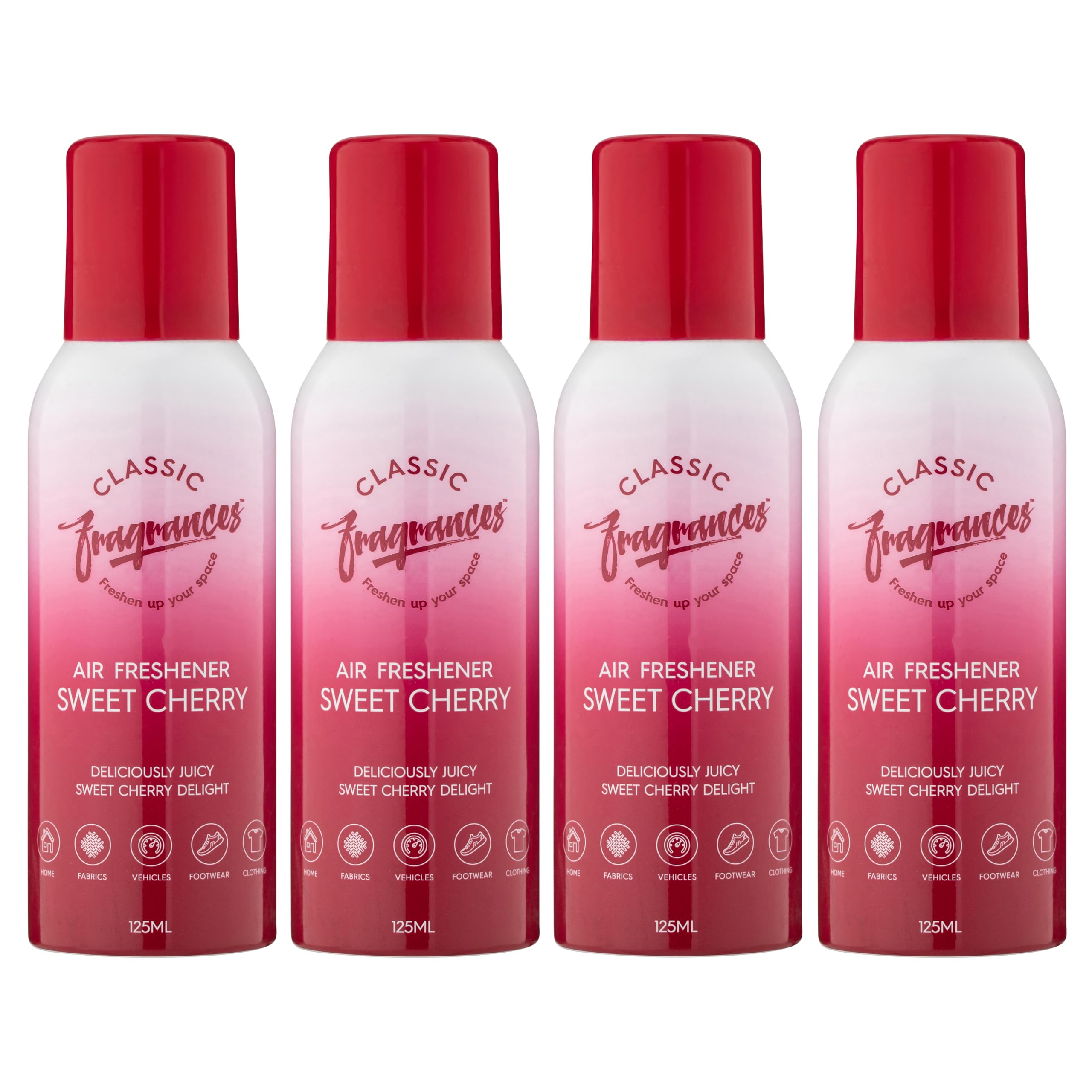 Classic Fragrances 4 Pack Sweet Cherry - Deliciously Juicy Cherry Aroma Air Freshener Spray - For Home & Vehicles – Long Lasting Smell, Portable Spray Can – Deodorise & Neutralise Odours – 125ml