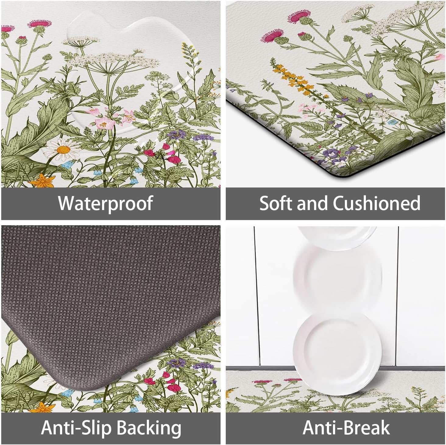 MAYHMYO Anti Fatigue Kitchen Mat for Floor Set of 2 Colorful Floral Plants Cute Vintage Comfort Mats Cushioned Non Slip Waterproof Kitchen Rugs Standing Kitchen Mats for Floor House Sink Office