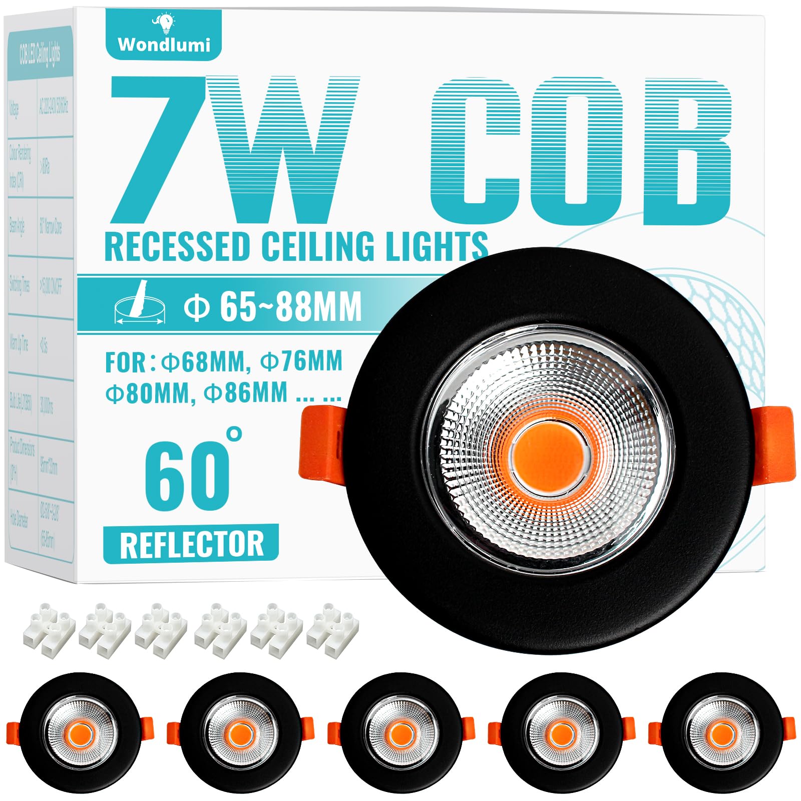 Wondlumi 6X 7W Downlights for Ceiling COB Ultra Thin Recessed Ceiling Lights Warm White 3000K, 240V 600lm Round Black LED Spot Light for Bathroom, Living Room, Bedroom, Cutout Ø65-88mm