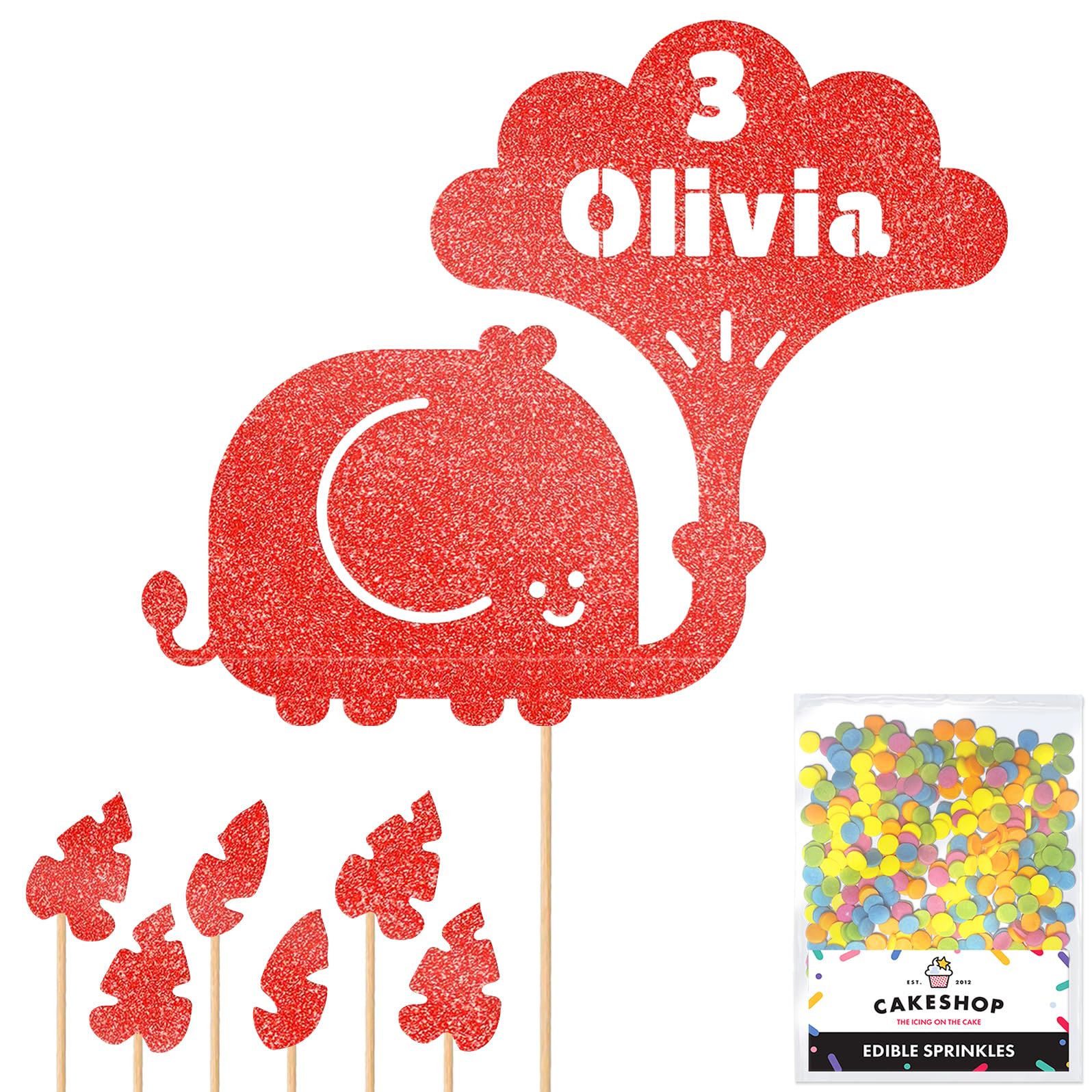 Personalised Jungle Elephant Glitter Cake Topper- Red Any Custom Age & Name Glitter Cake Decoration and Sprinkles - Happy Birthday Decorations - Personalised Toppers for Cakes by Cakeshop