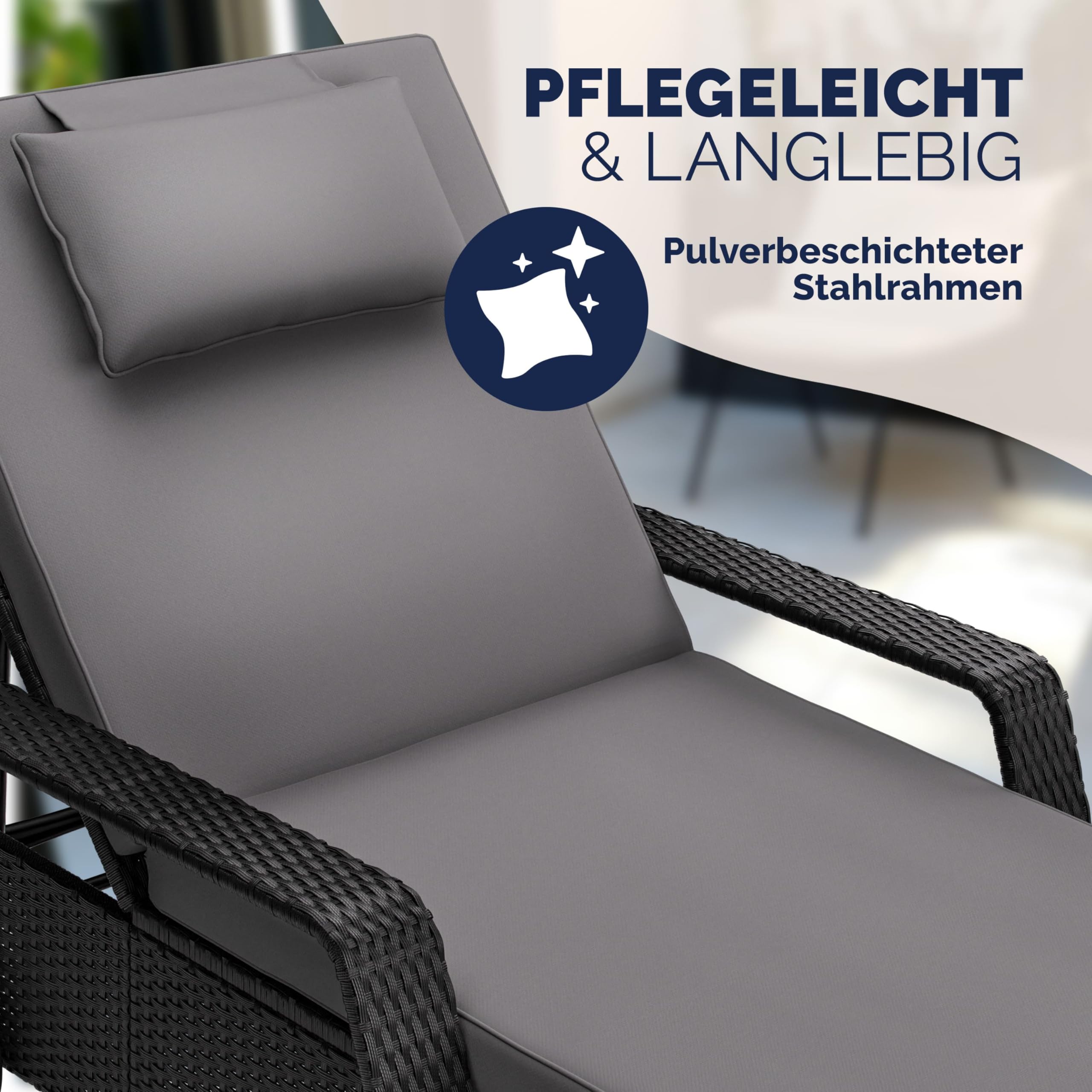 Casaria® Sonnenliege 2er Set mit Rollen 7cm Auflage Extra Breit 90cm Gartenliege Wetterfest 165kg Belastbar Terrasse Balkonmöbel Liegestuhl Schwarz Anthrazit