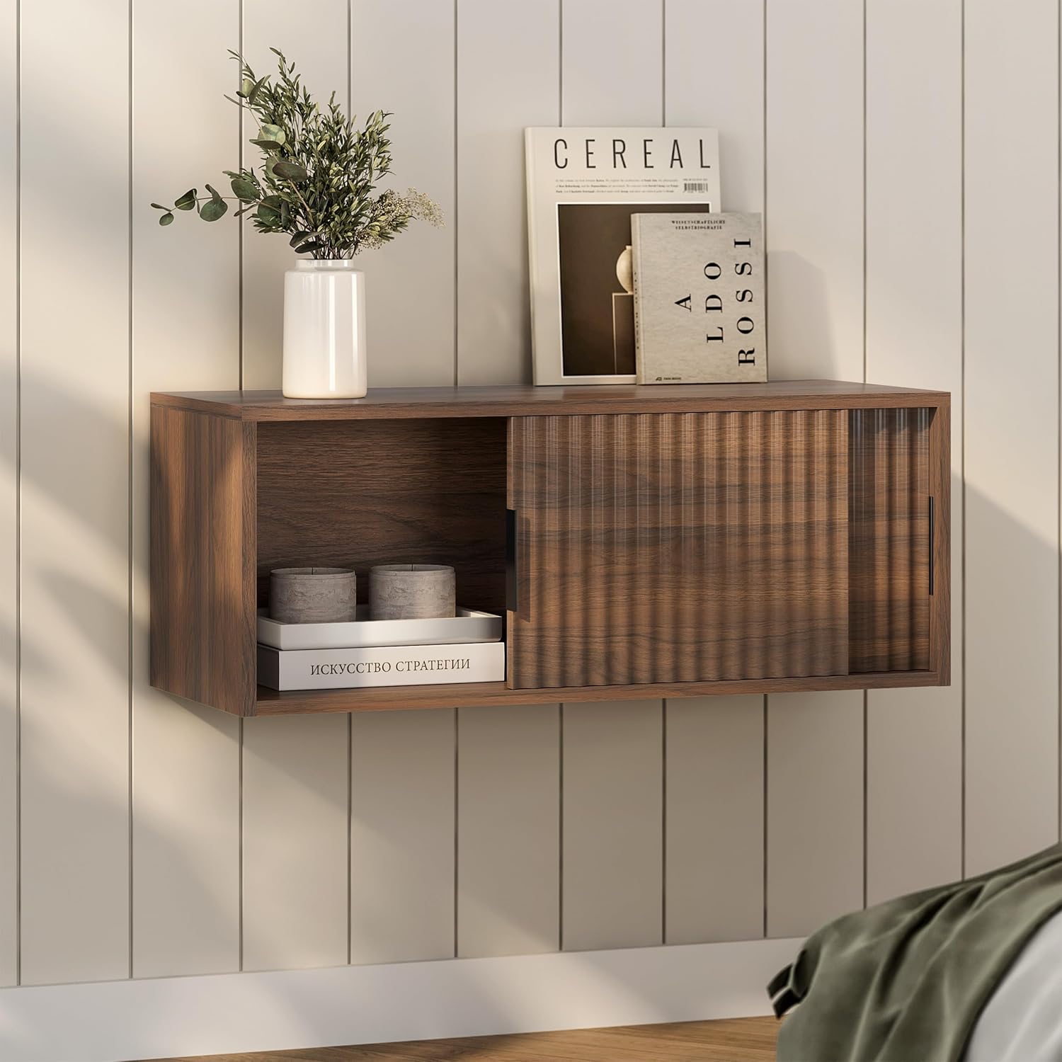 Floating Nightstand with Sliding Doors, Modern Fluted Large Night Stand Storage Shelf Wall Mounted Bedside Tables for Bedroom, Brown